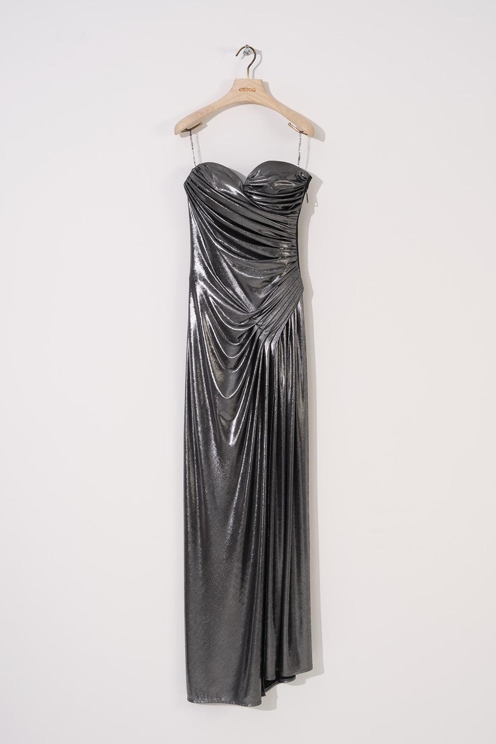 Parlak Straplez Drapeli Yırtmaçlı Uzun Elbise - Cercis