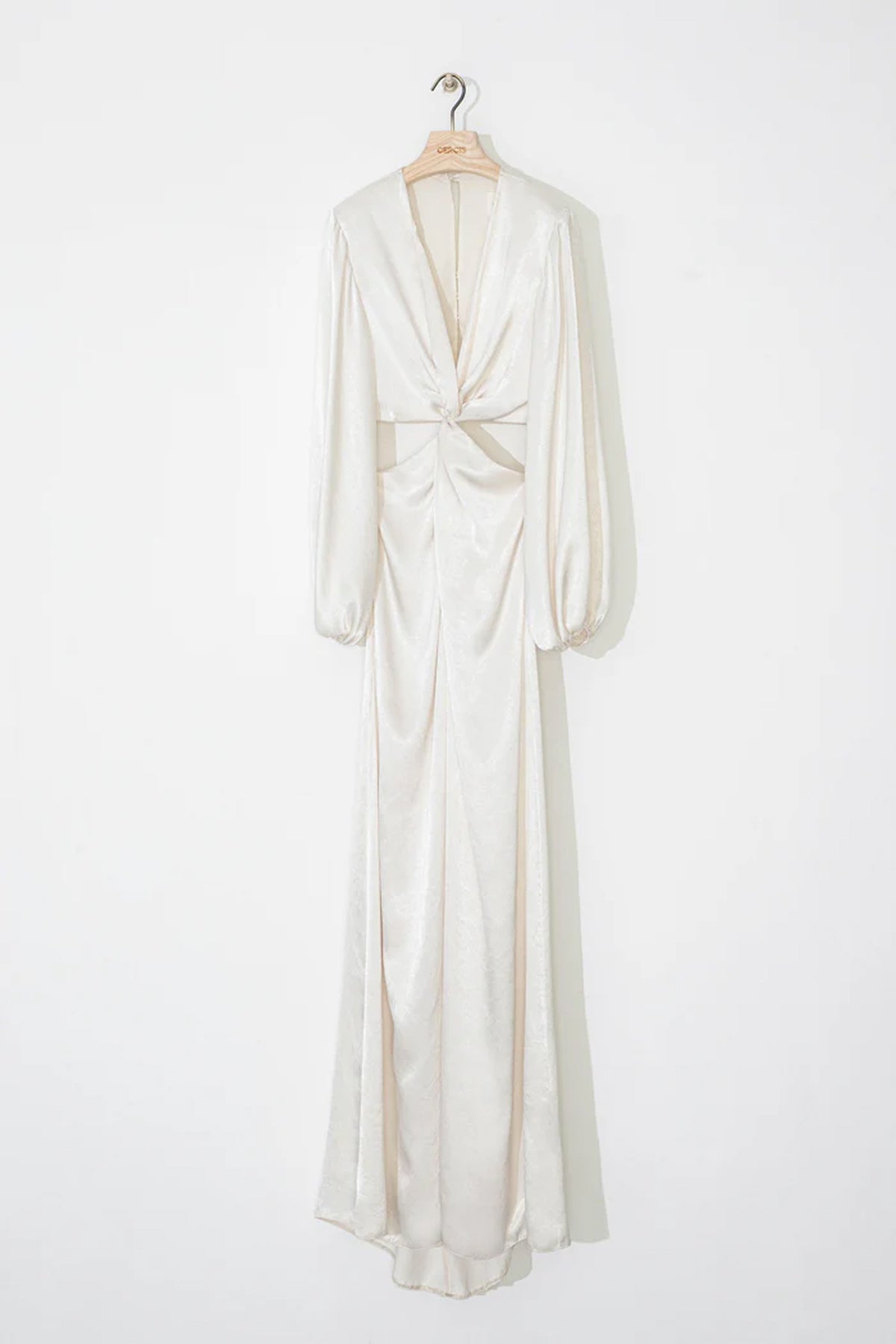 Pencereli Düğüm Detaylı Saten Uzun Elbise