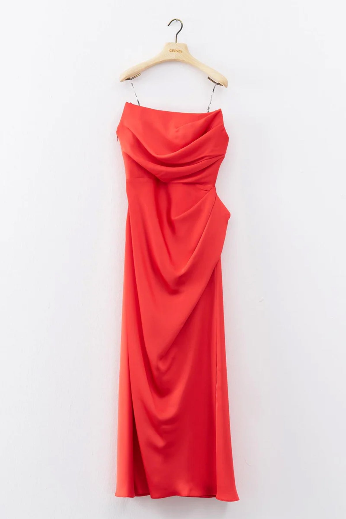 Straplez Drape Detaylı Uzun Abiye Elbise - Cercis