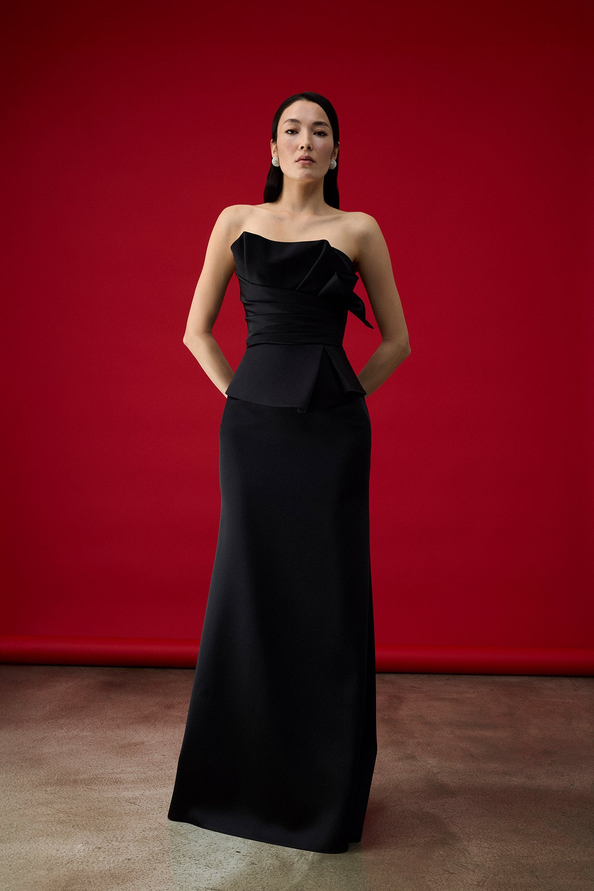 Straplez Drapeli Bel Detaylı Uzun Abiye Elbise