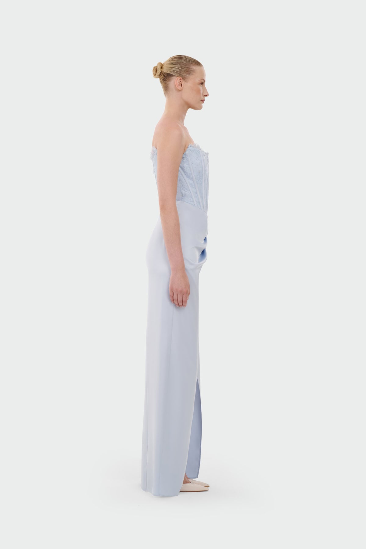 Strapless Draped Slit Evening Gown