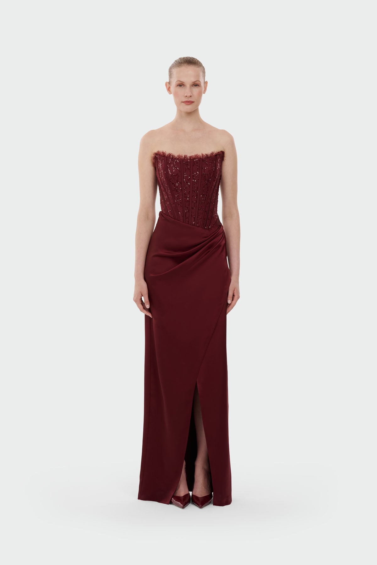 Strapless Draped Slit Evening Gown