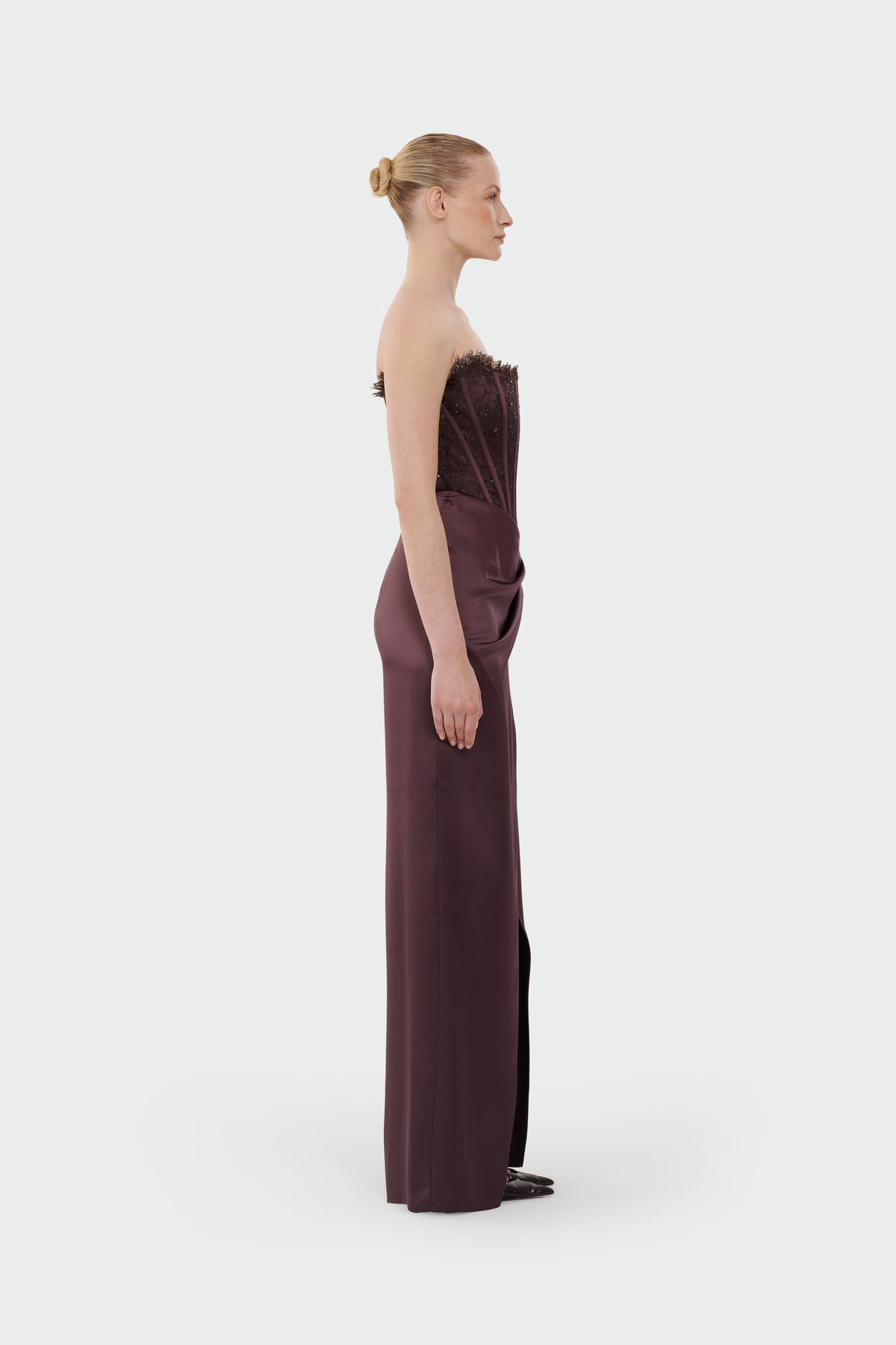 Strapless Draped Slit Evening Gown