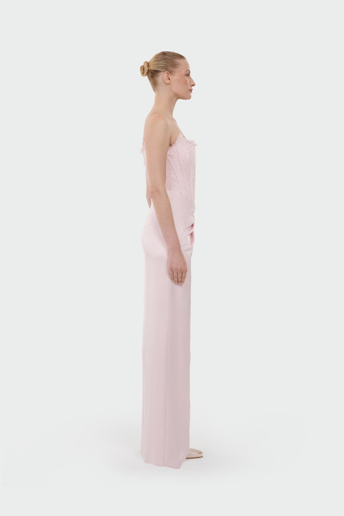 Strapless Draped Slit Evening Gown