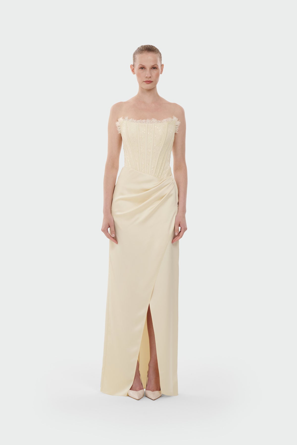 Strapless Draped Slit Evening Gown