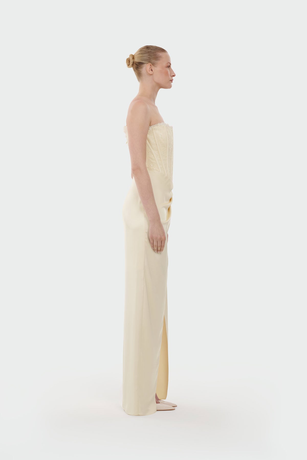 Strapless Draped Slit Evening Gown