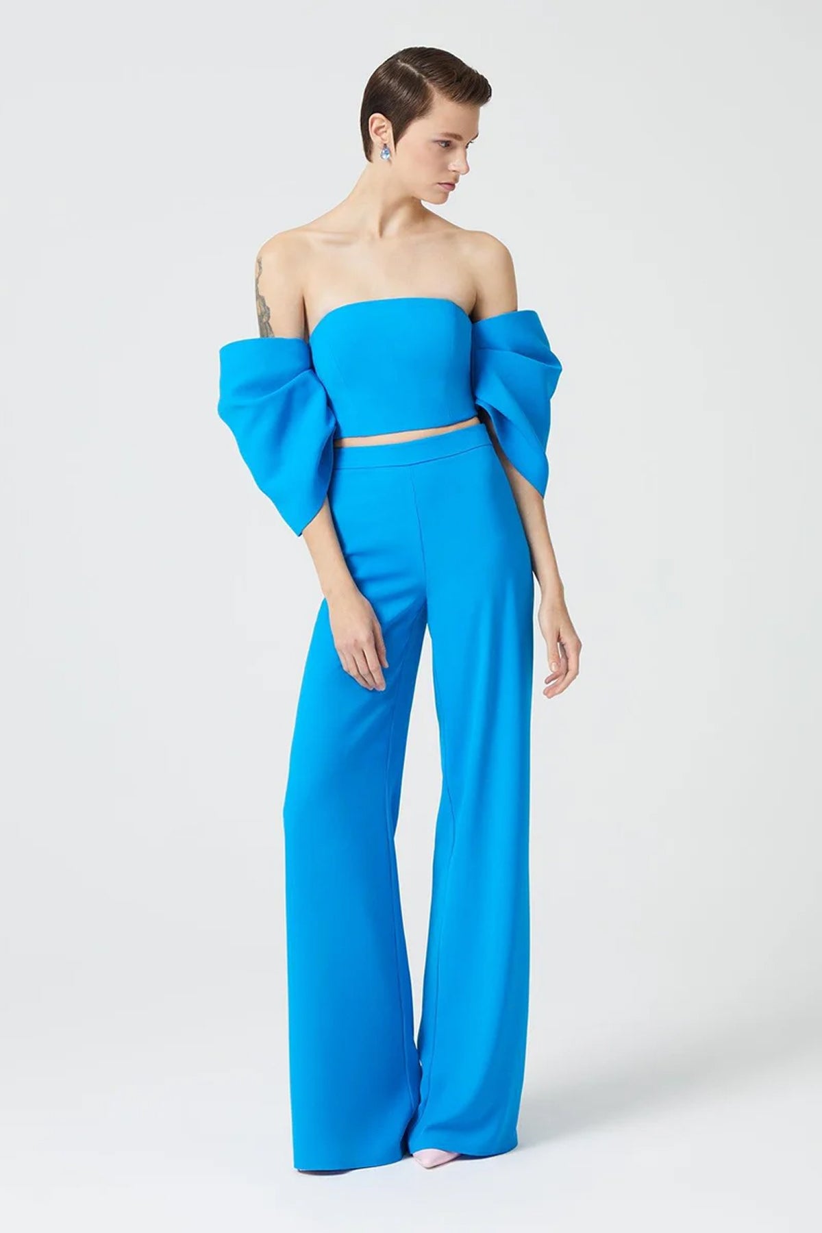 Straplez Düşük Balon Kollu Crop Top - Cercis