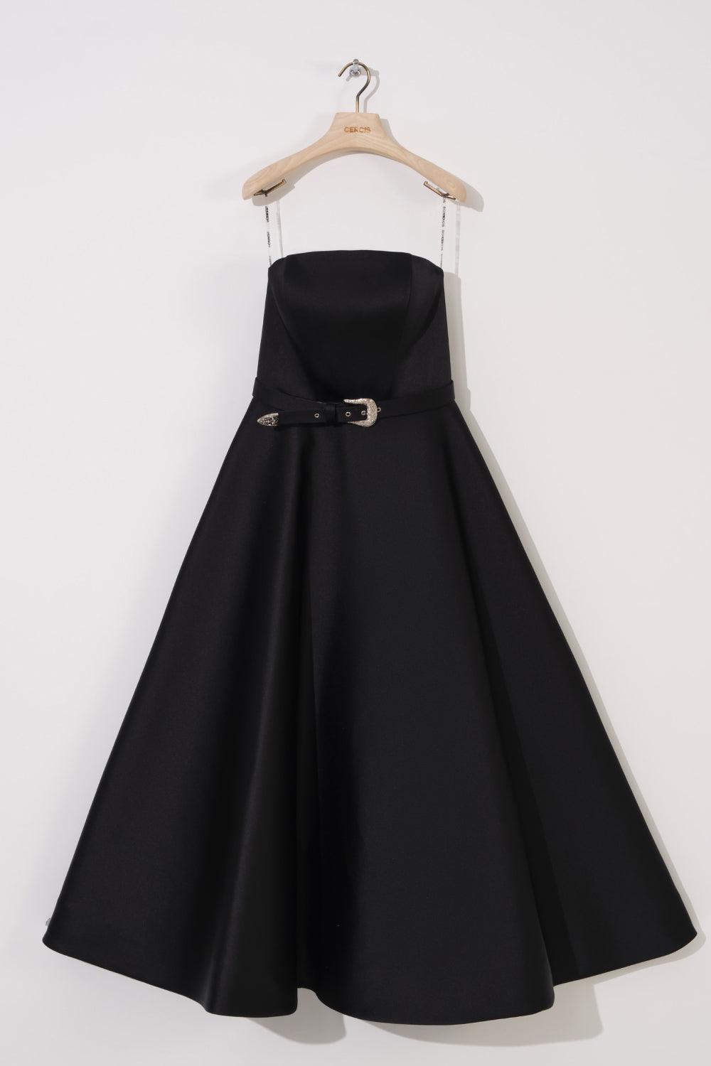 Straplez Kemer Detaylı Saten Elbise - Cercis