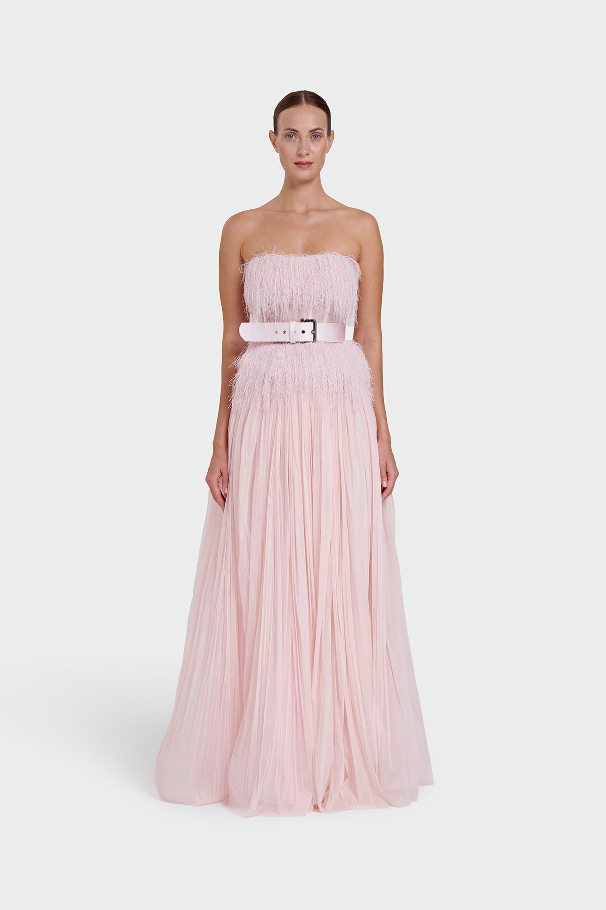Strapless Belt Detail Slit Long Evening Dress