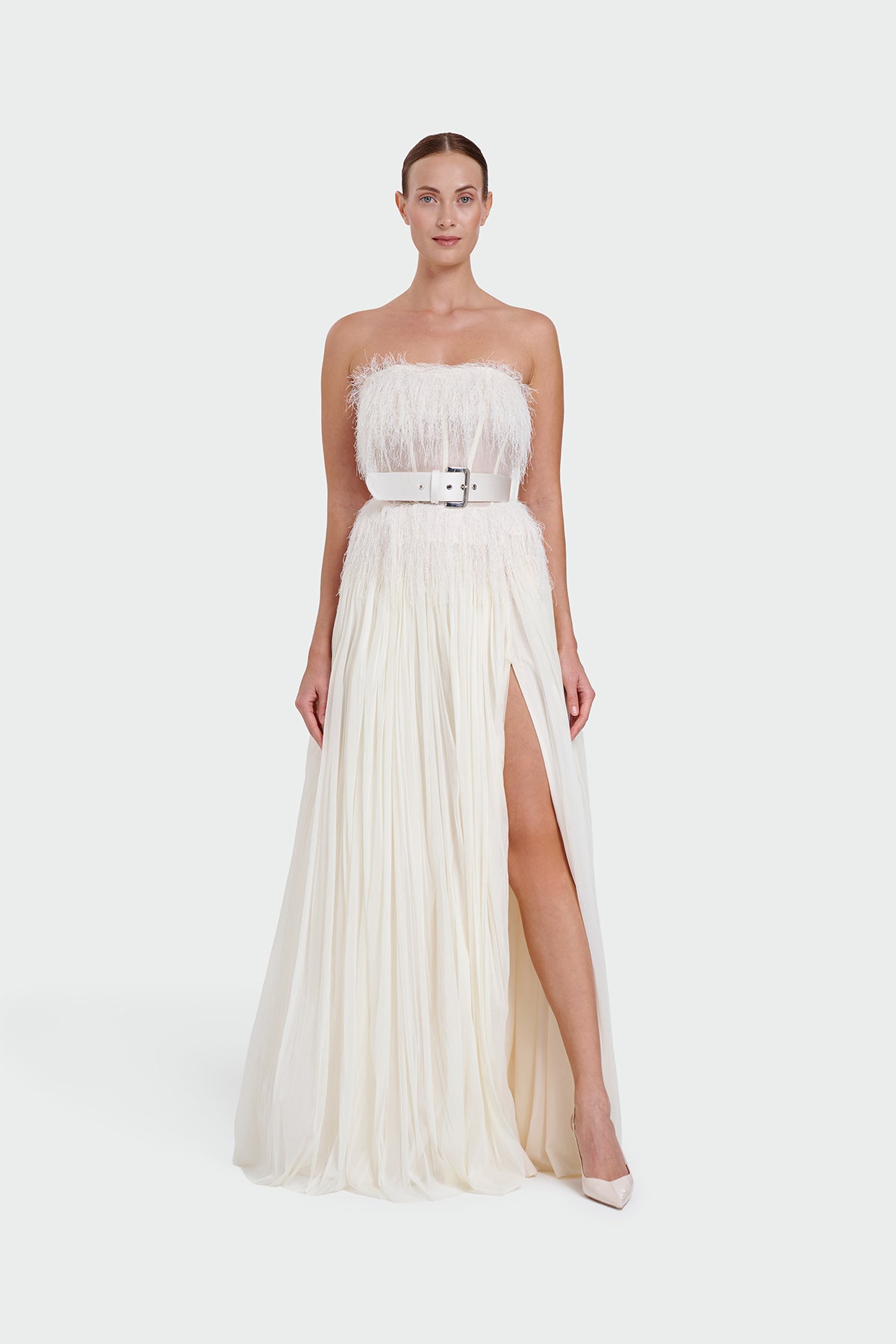Strapless Belt Detail Slit Long Evening Dress