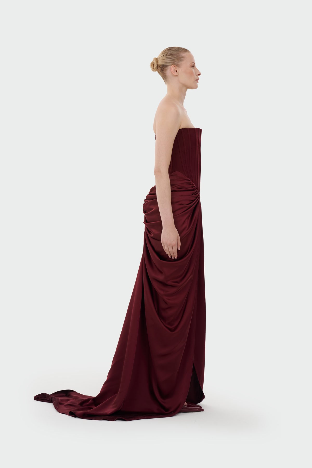 Strapless Corset-Bodice Draped Long Evening Dress
