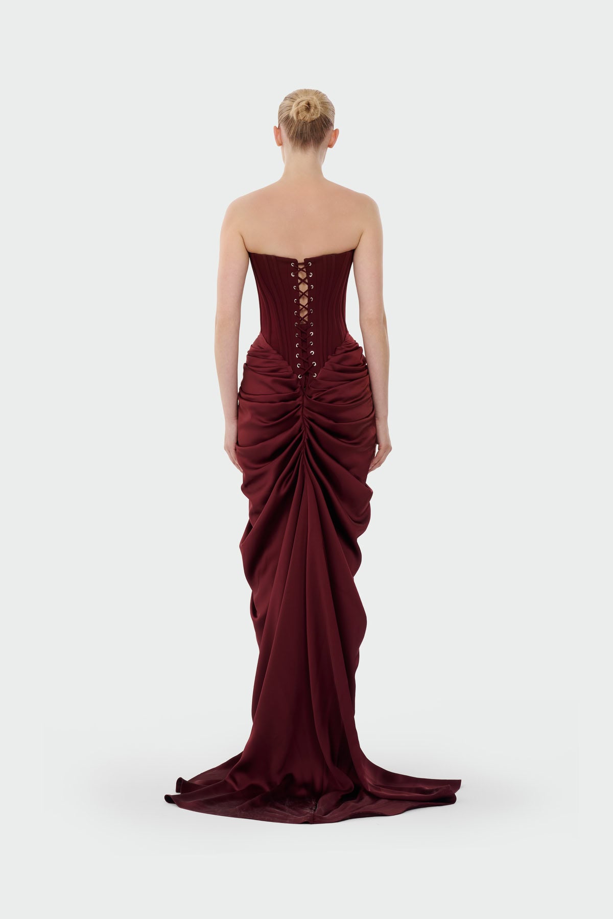 Strapless Corset-Bodice Draped Long Evening Dress