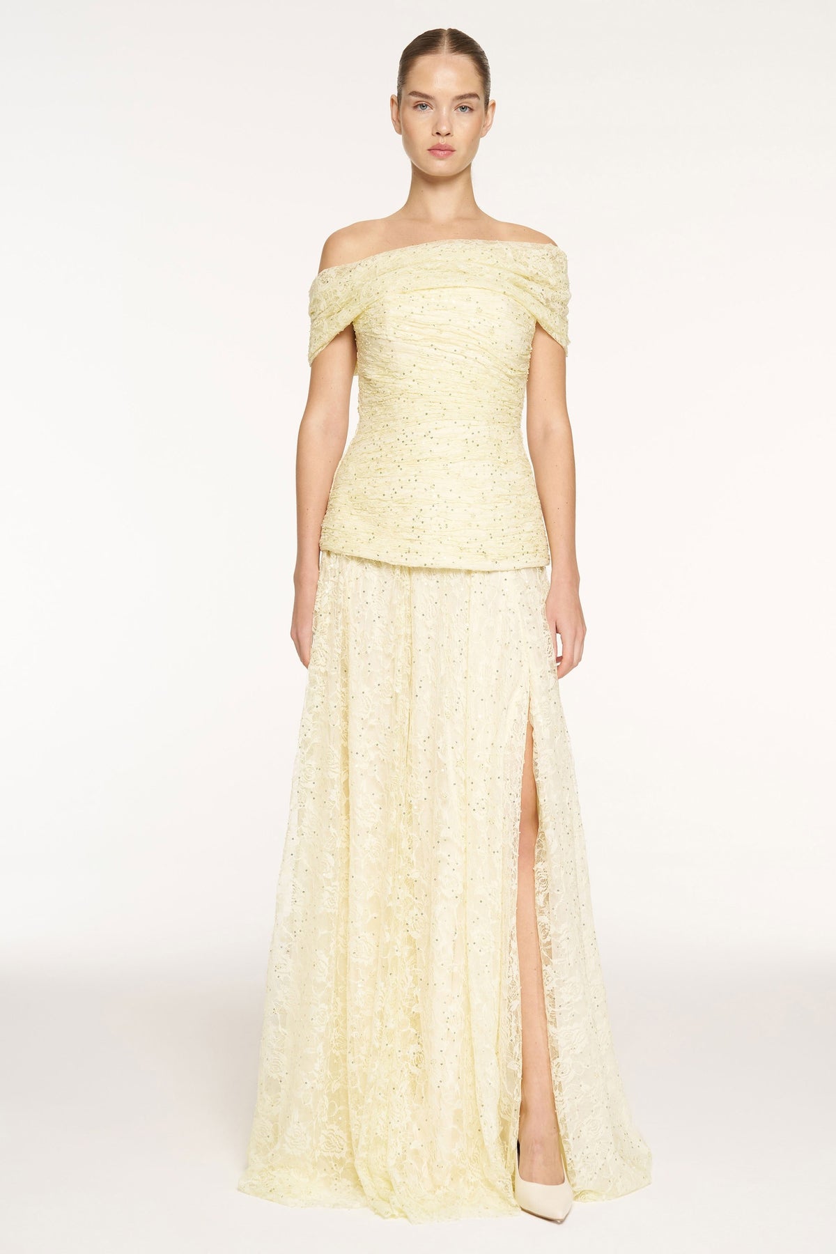 Strapless Sequin Embellished Slit Evening Dress