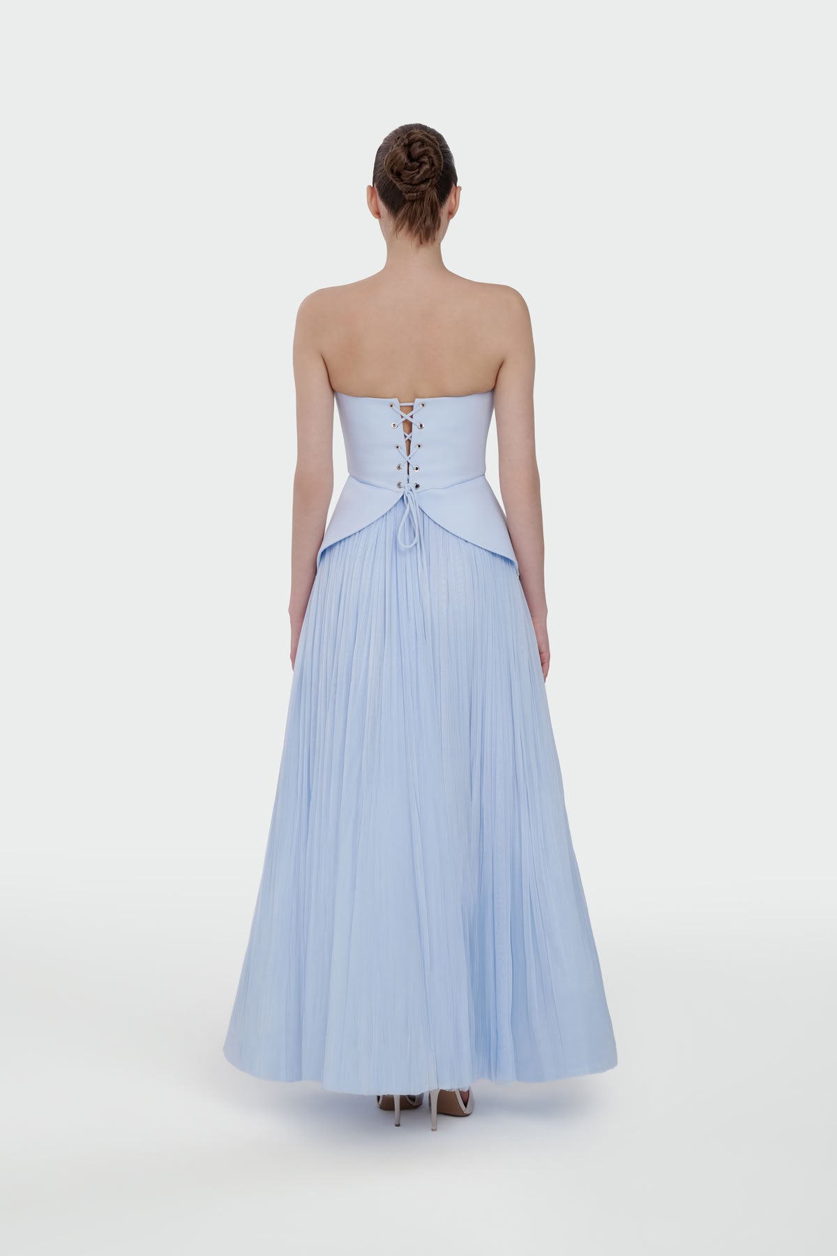 Straplez Peplum Detaylı Piliseli Abiye Takım Elbise