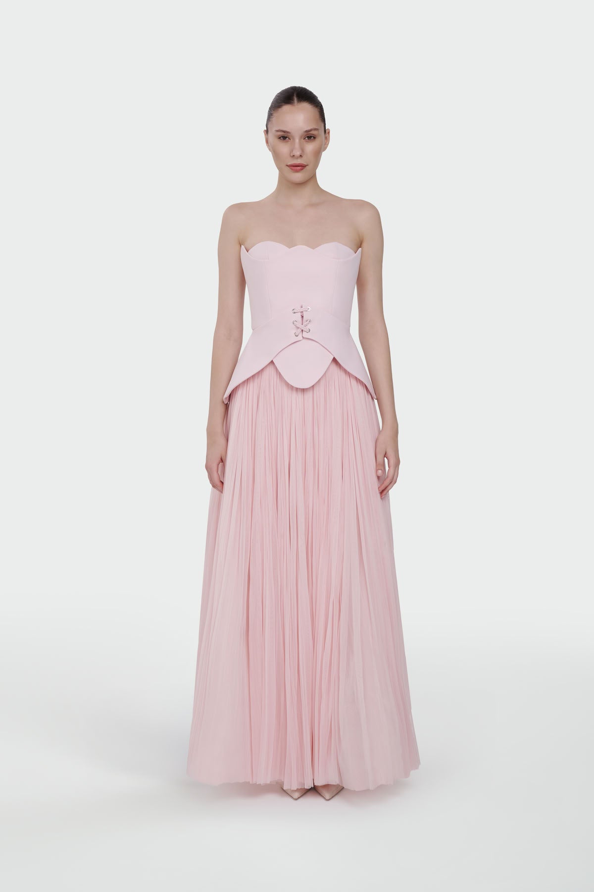 Straplez Peplum Detaylı Piliseli Abiye Takım Elbise