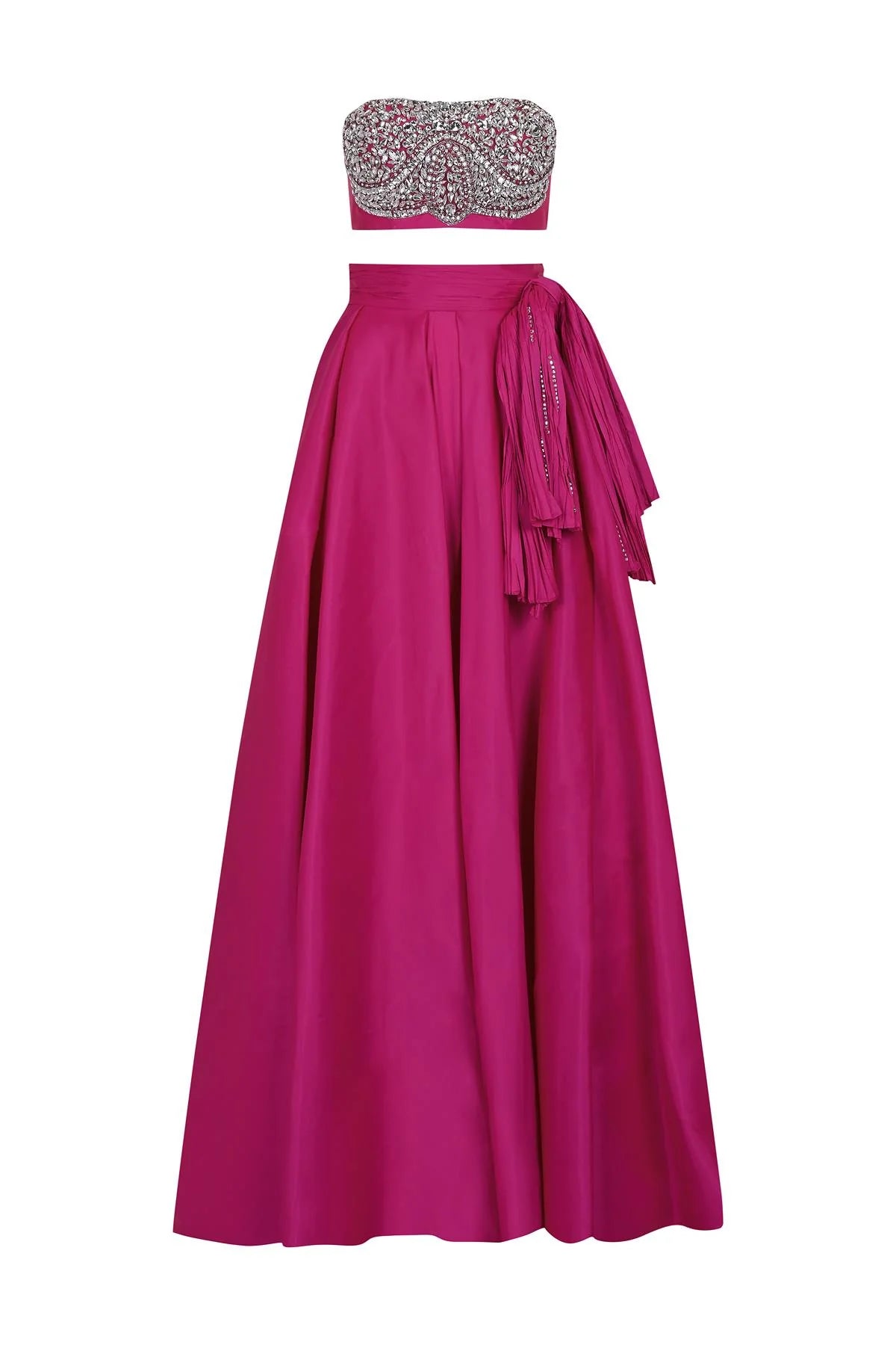 Straplez Taş İşlemeli Crop Yüksek Bel Etek Takım