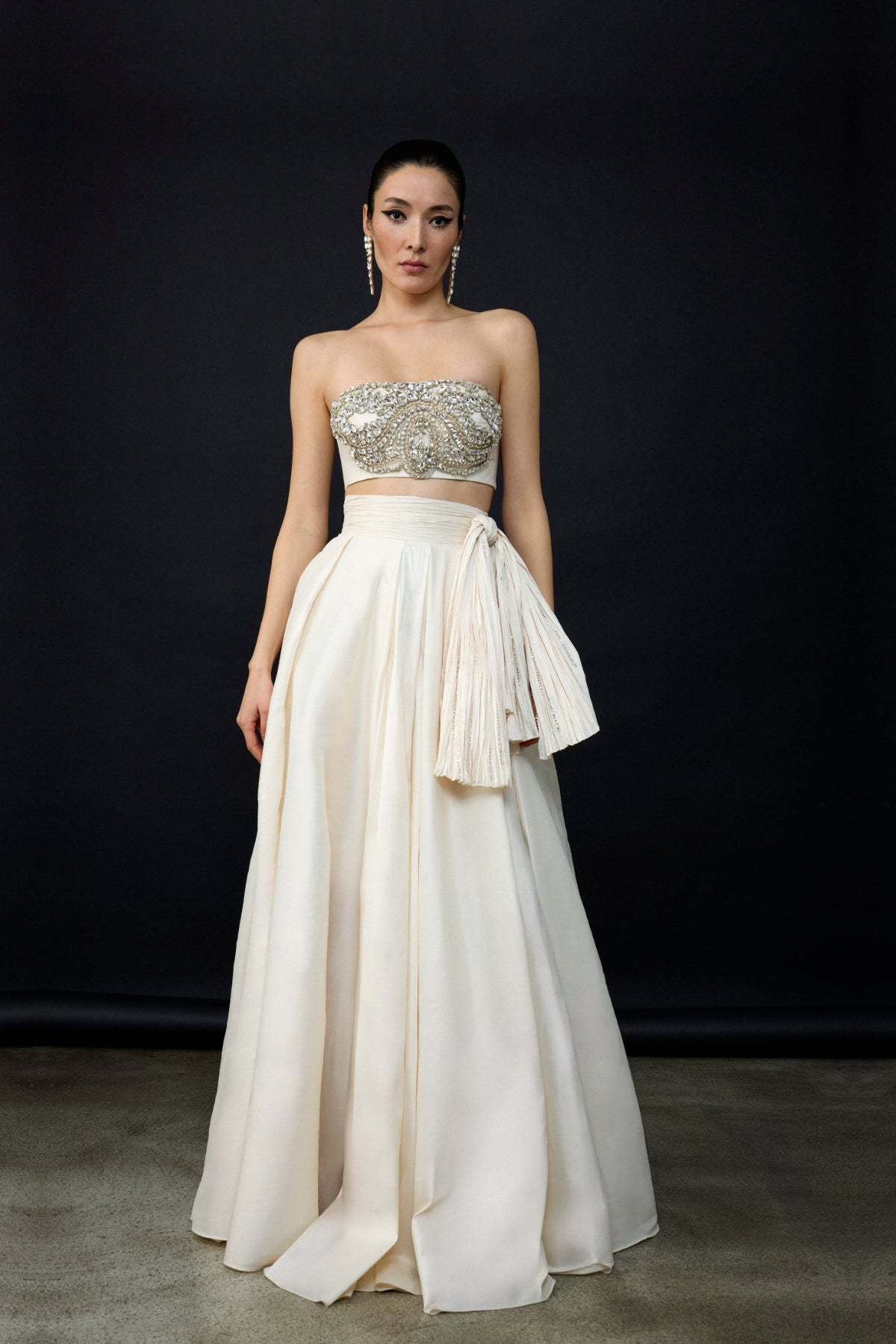 Straplez Taş İşlemeli Crop Yüksek Bel Etek Takım