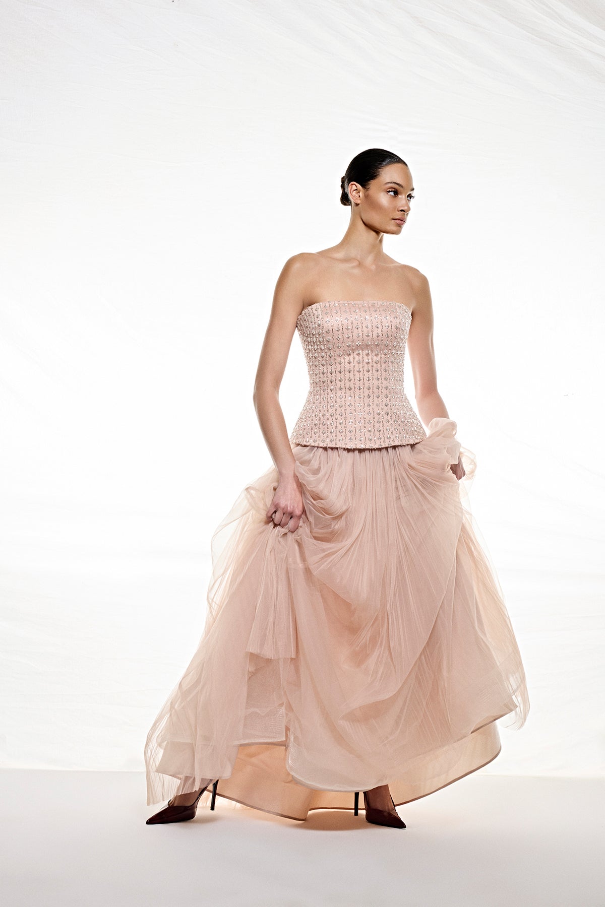 Strapless Embellished Skirt Tulle Evening Dress