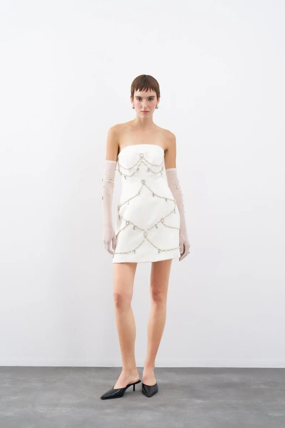 Straplez Taş İşlemeli Mini Abiye Elbise