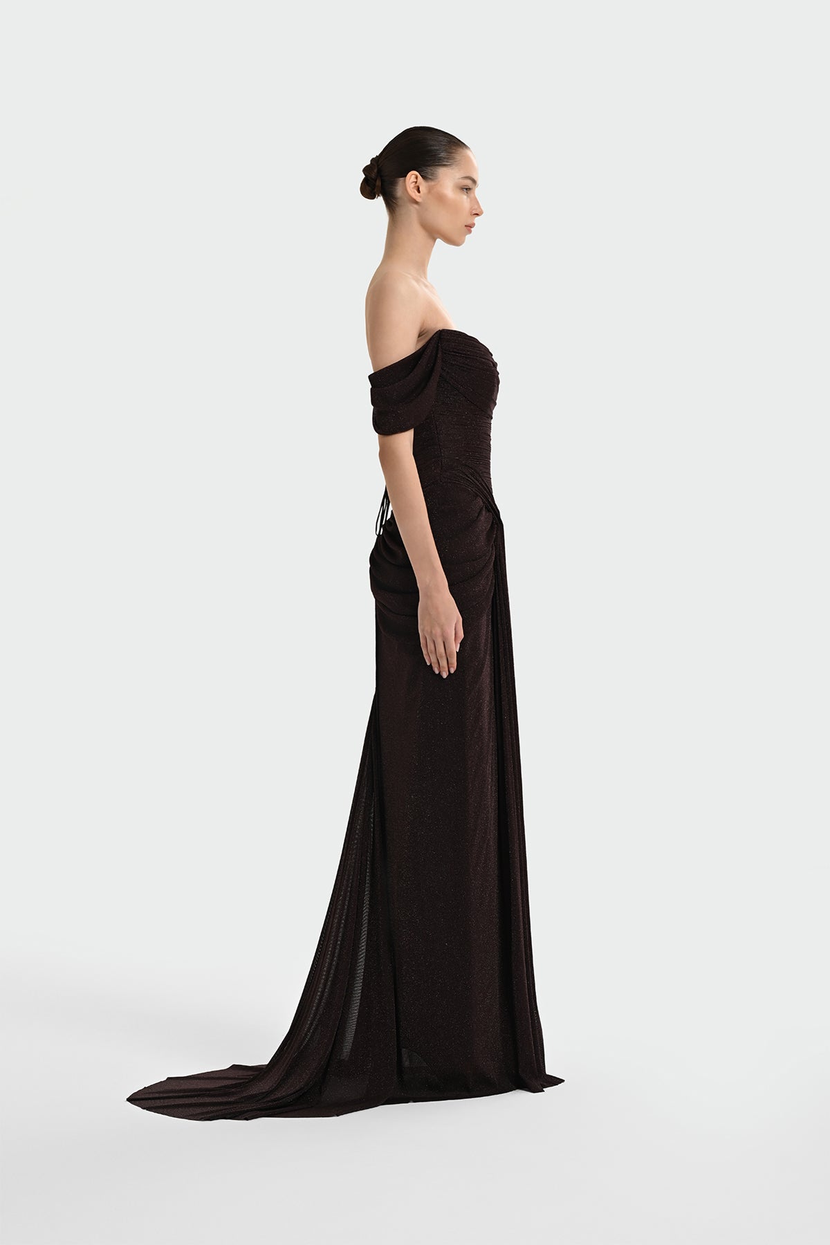 Off-Shoulder Front Drape Detailed Evening Gown