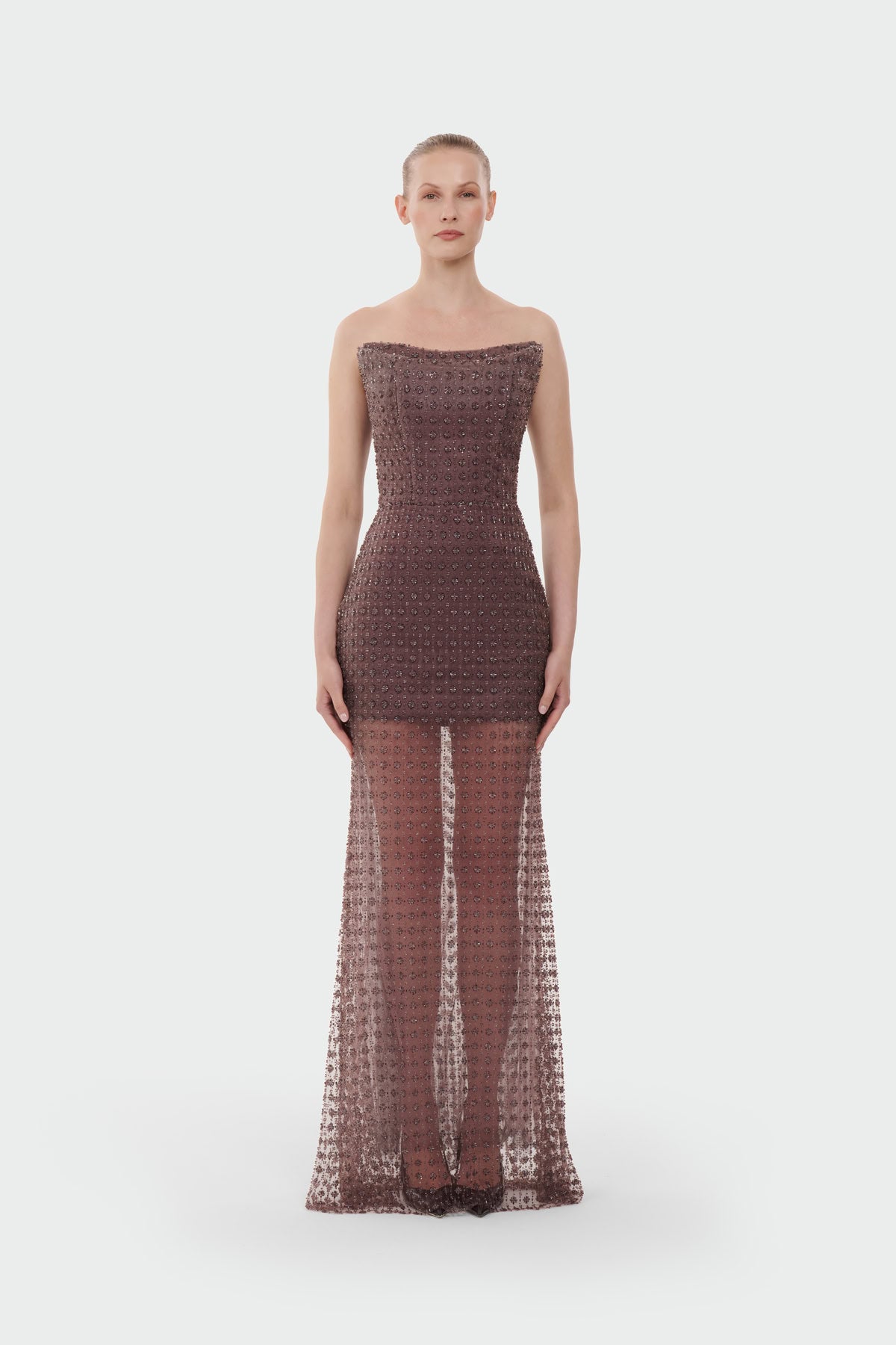 Stone Embellished Strapless Evening Gown