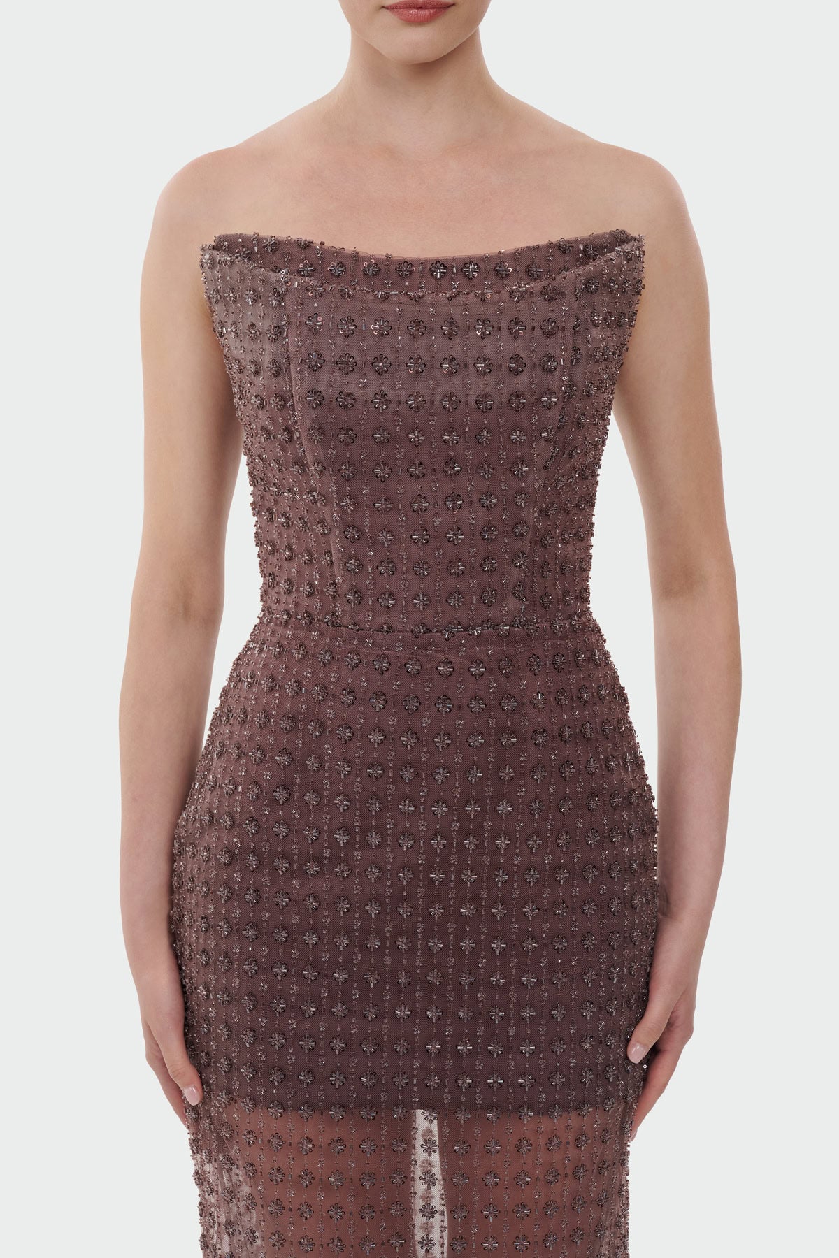 Stone Embellished Strapless Evening Gown