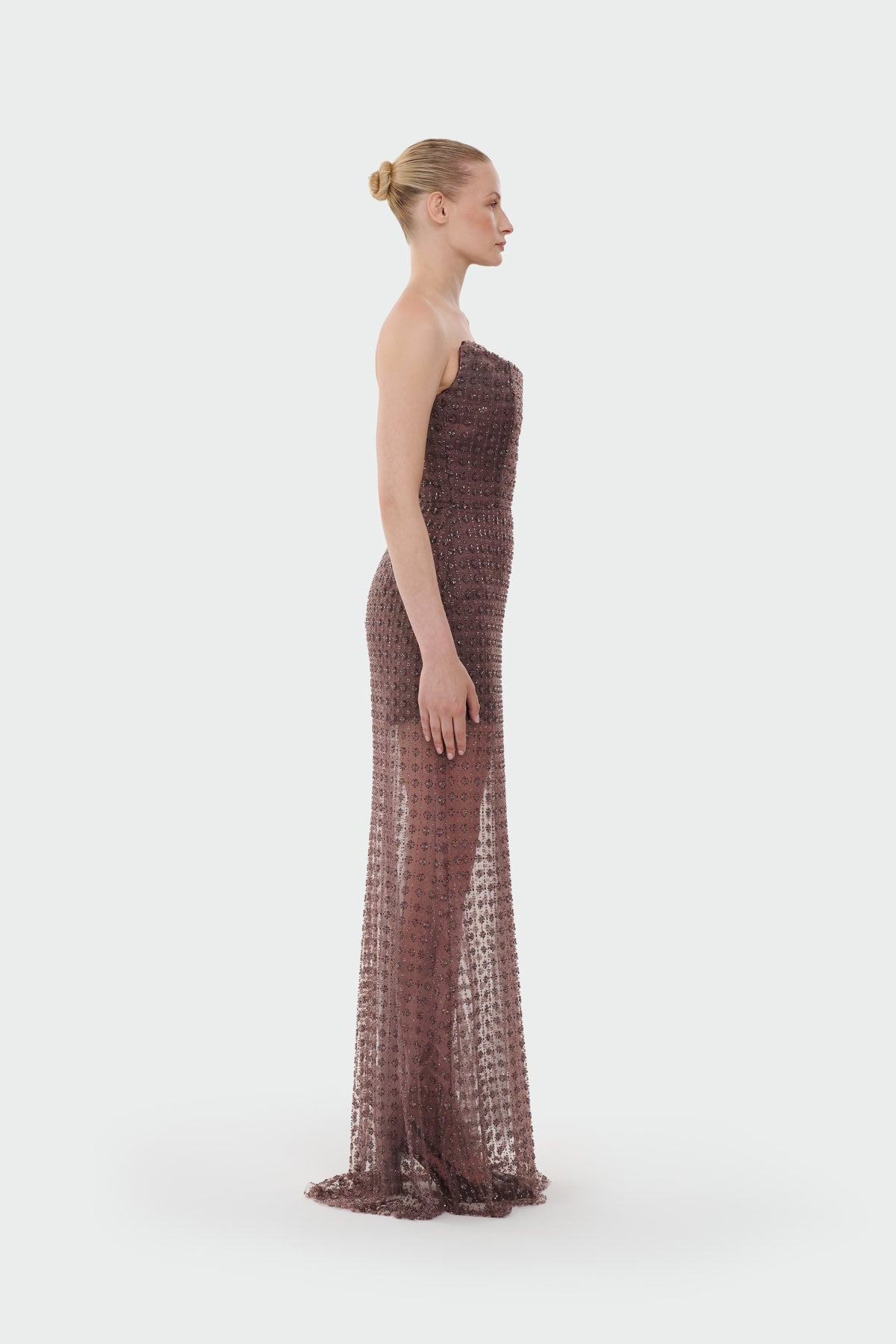 Stone Embellished Strapless Evening Gown