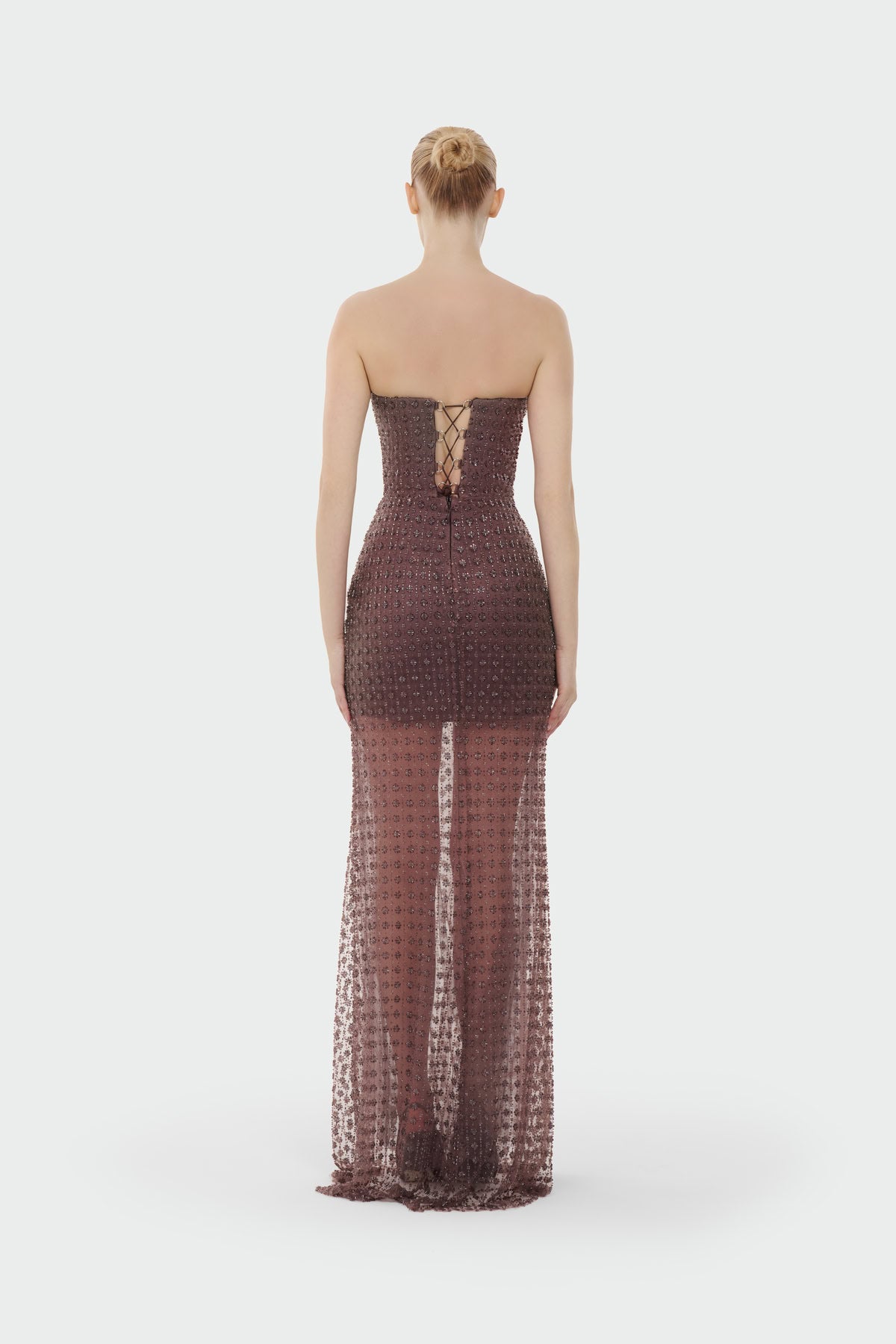 Stone Embellished Strapless Evening Gown