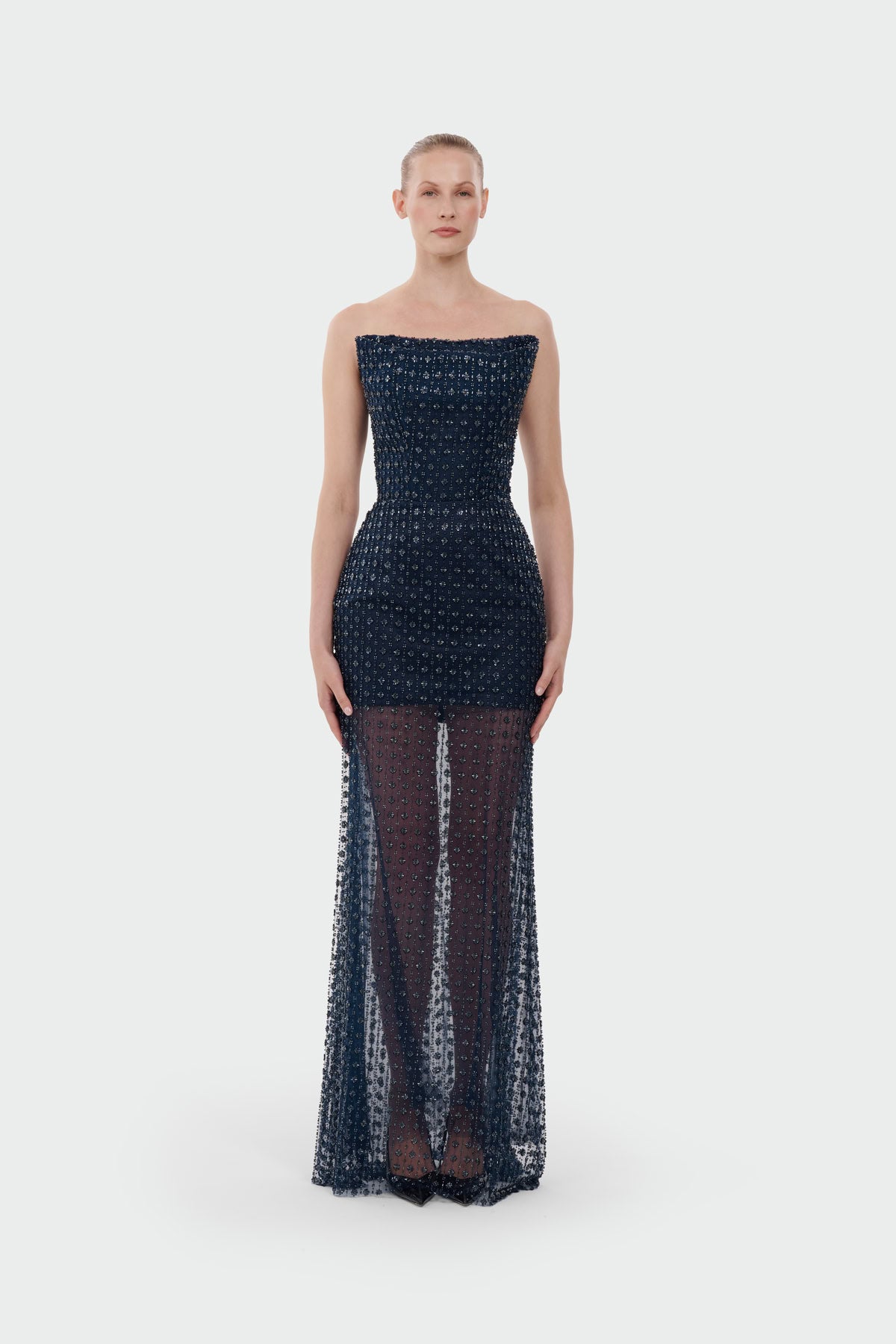 Stone Embellished Strapless Evening Gown