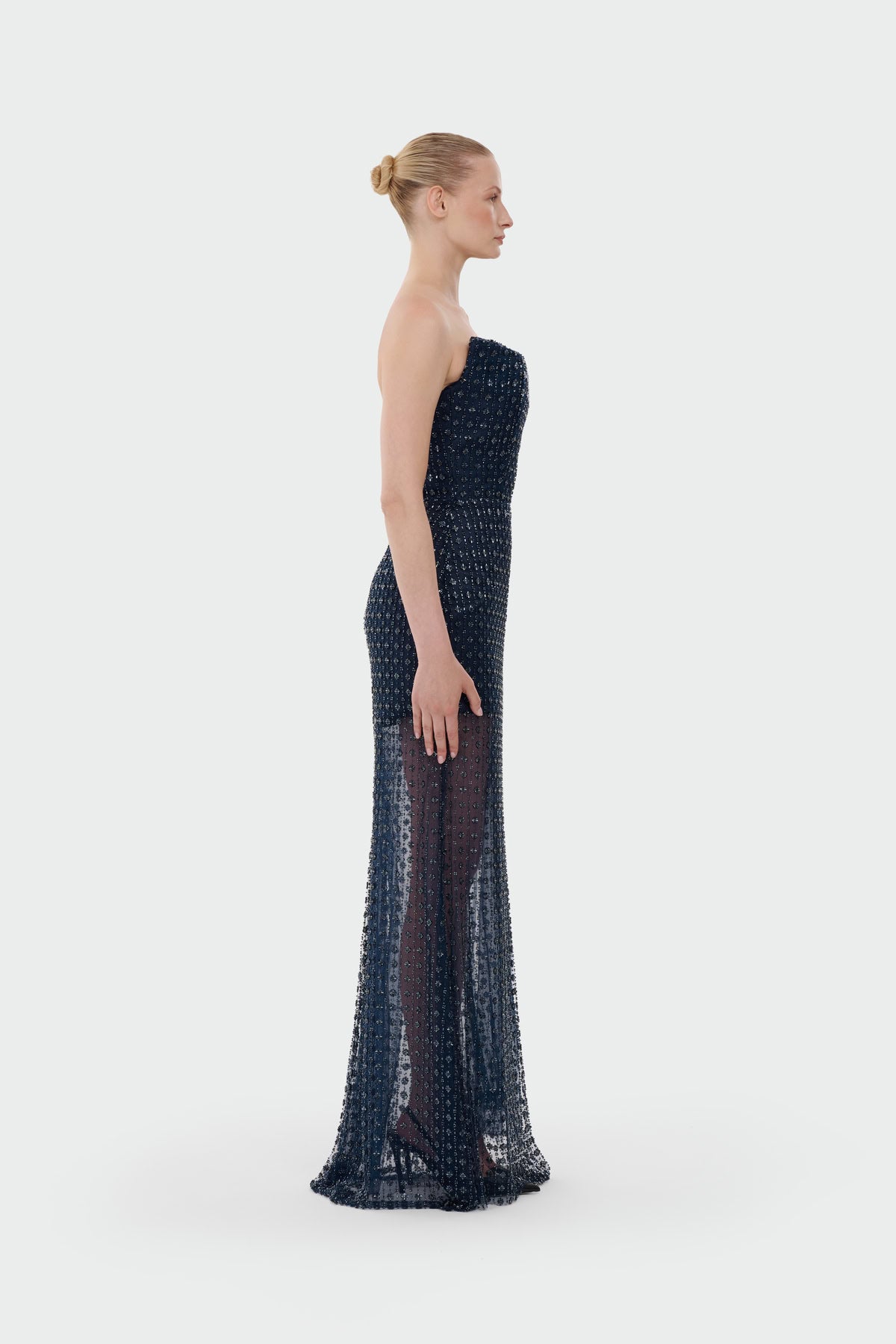 Stone Embellished Strapless Evening Gown