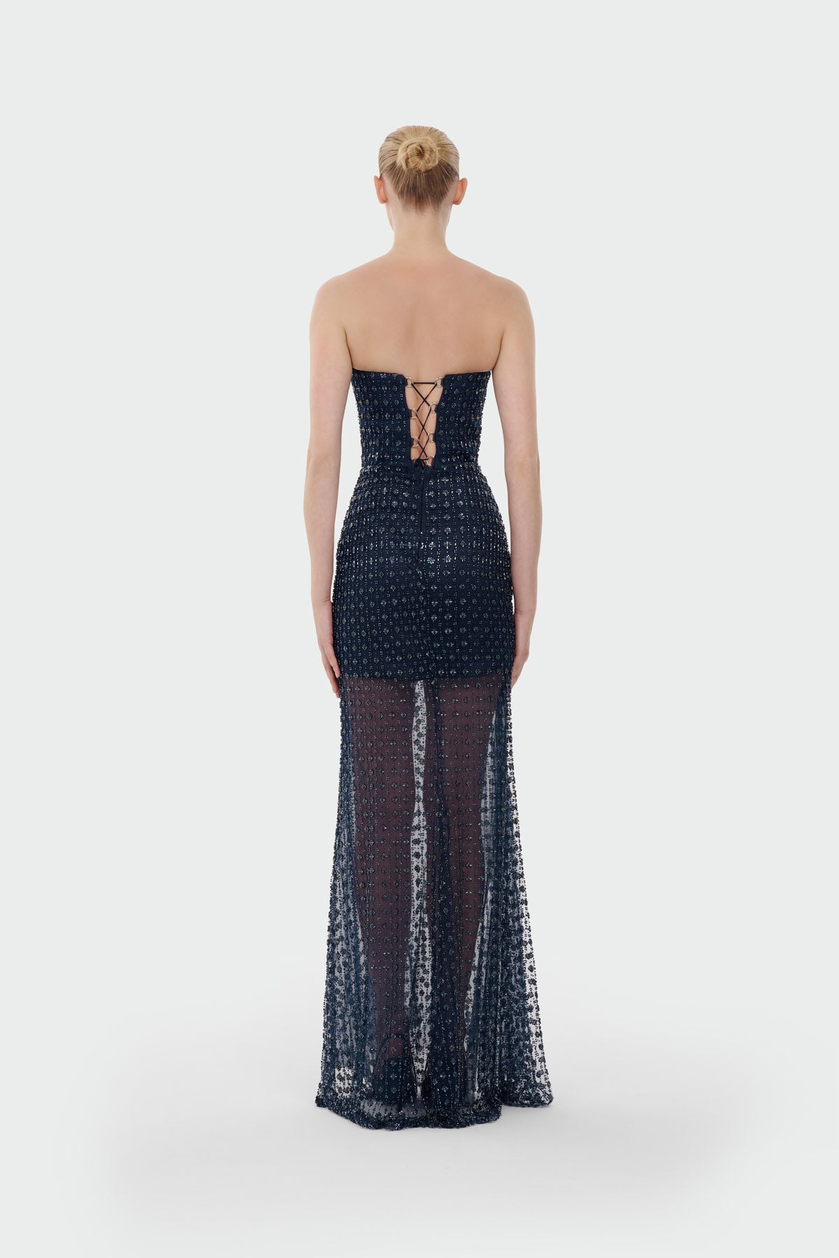 Stone Embellished Strapless Evening Gown