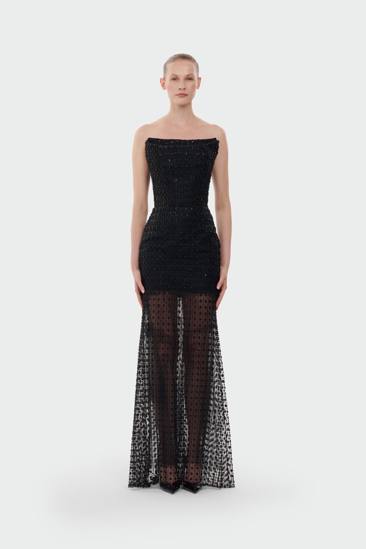 Stone Embellished Strapless Evening Gown