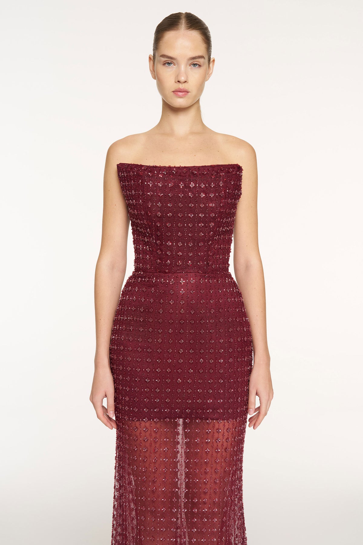 Stone Embellished Strapless Evening Gown