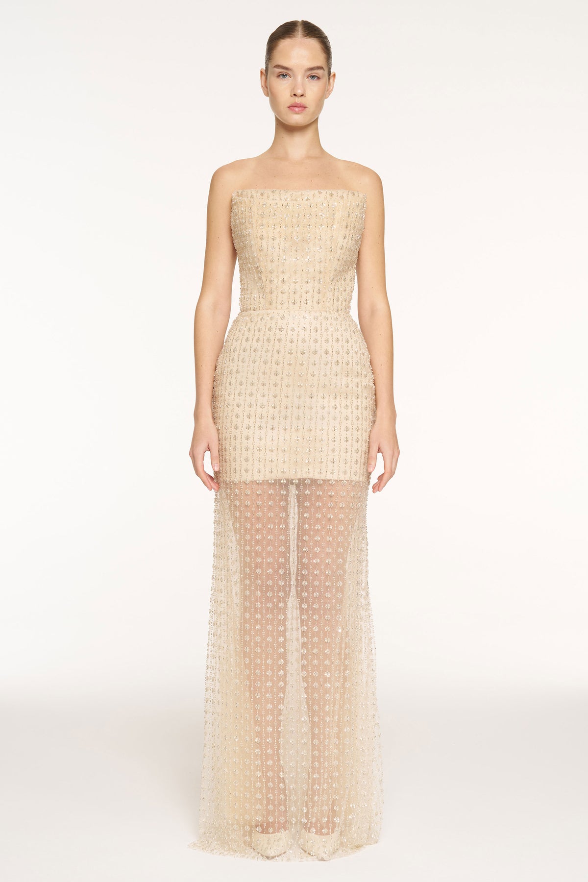 Stone Embellished Strapless Evening Gown