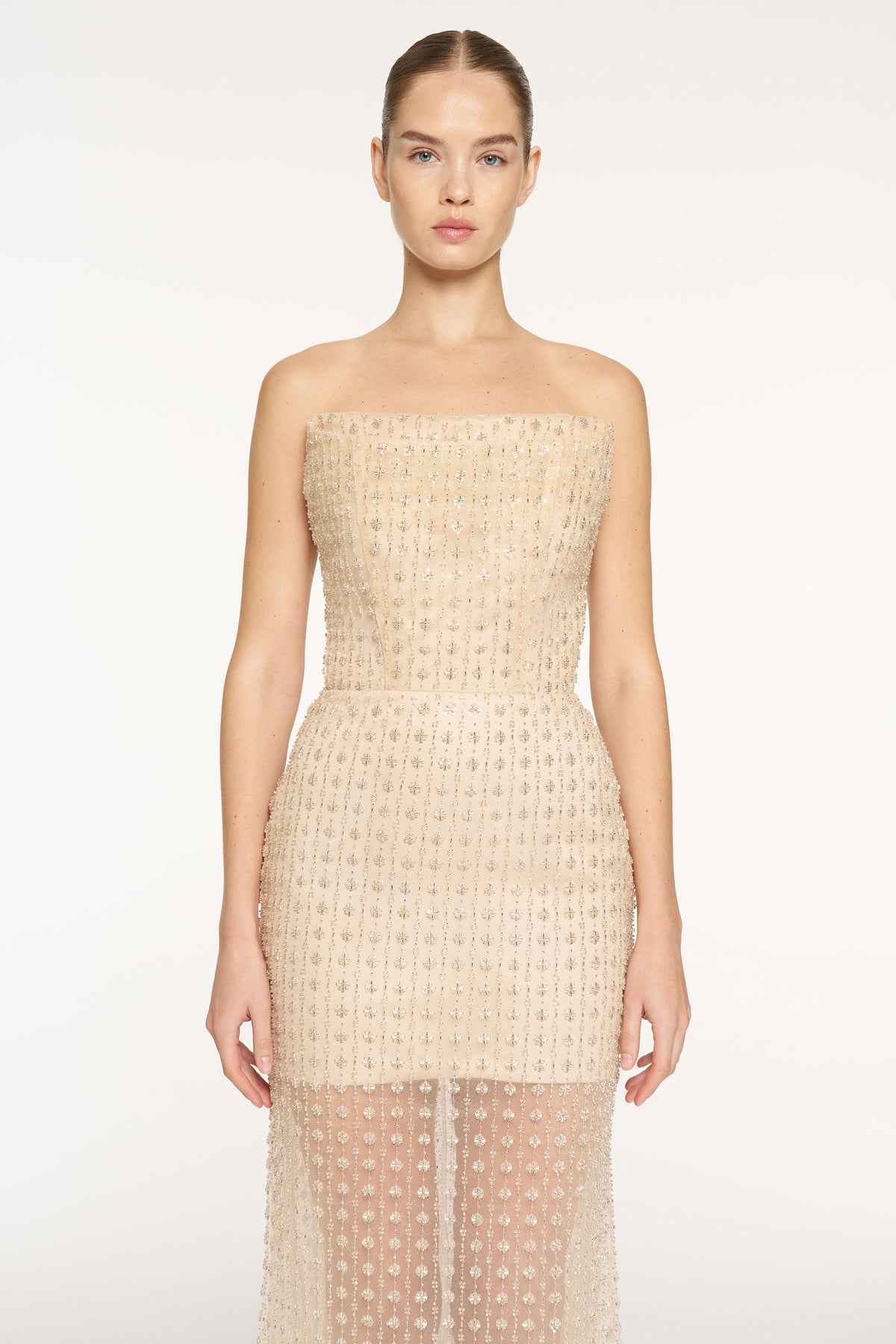 Stone Embellished Strapless Evening Gown
