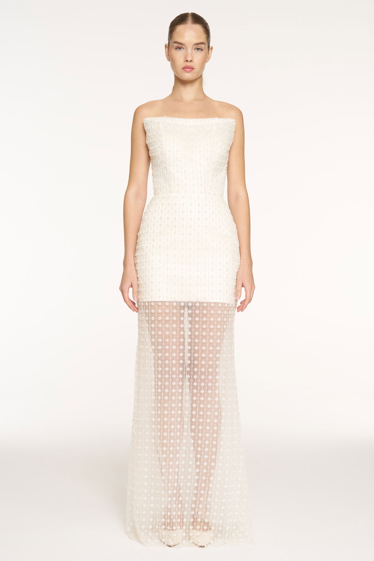 Stone Embellished Strapless Evening Gown