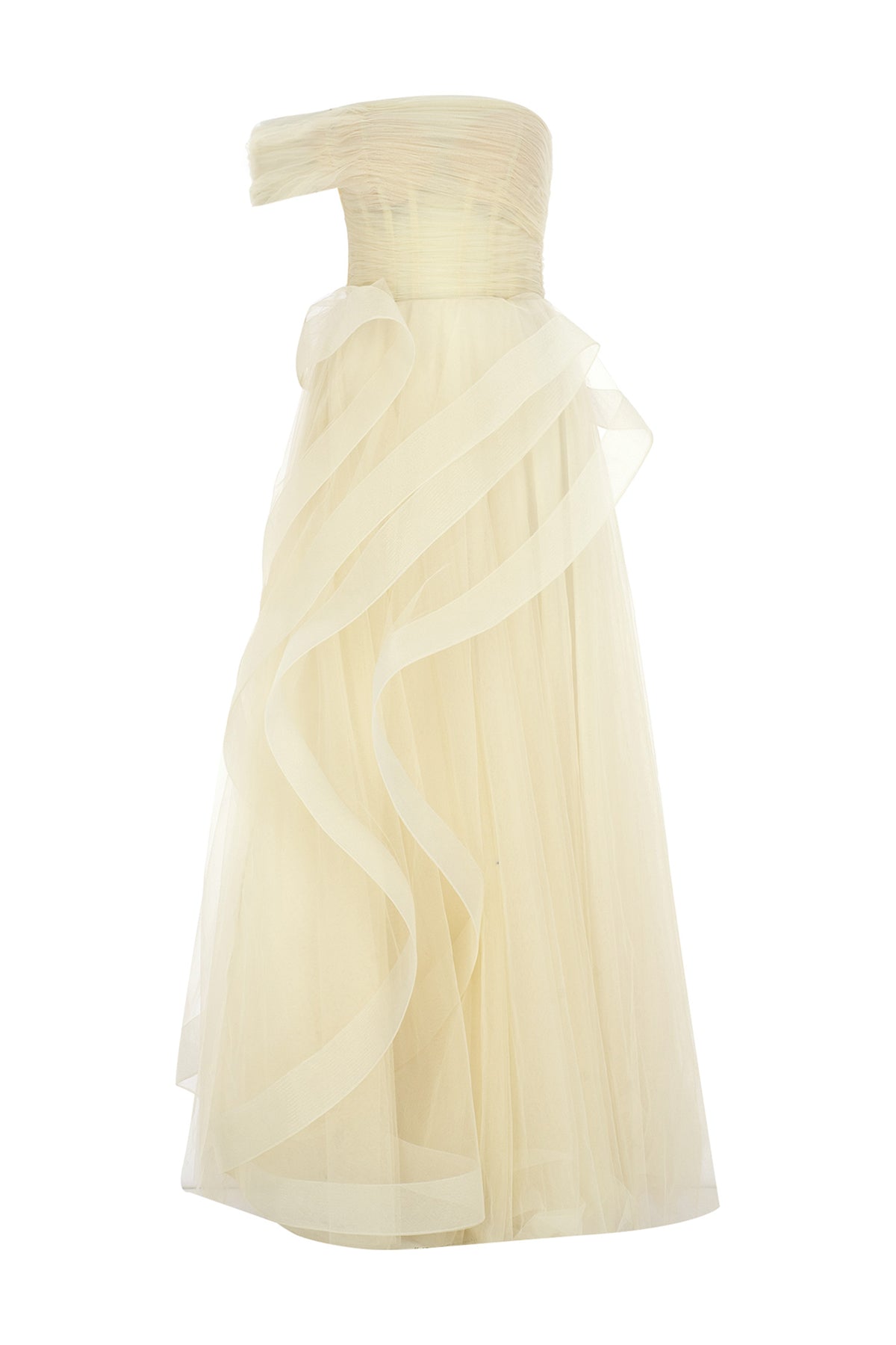 Tek Omuz Volan Detaylı Tül Uzun Abiye Elbise