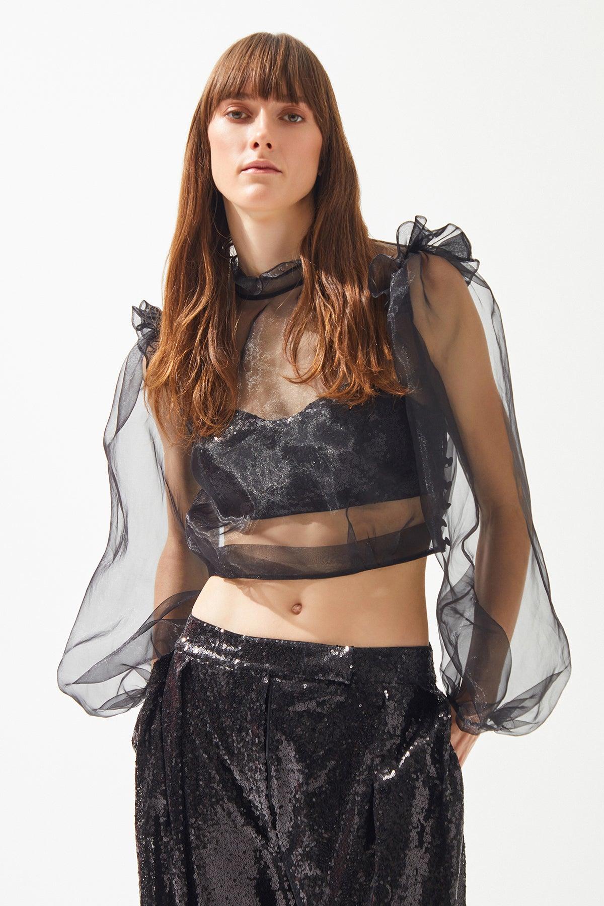 Transparan Organze Uzun Balon Kollu Crop Bluz - Cercis