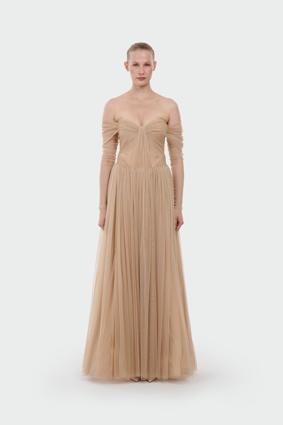 Transparent Tulle Sleeve Strapless Long Evening Dress