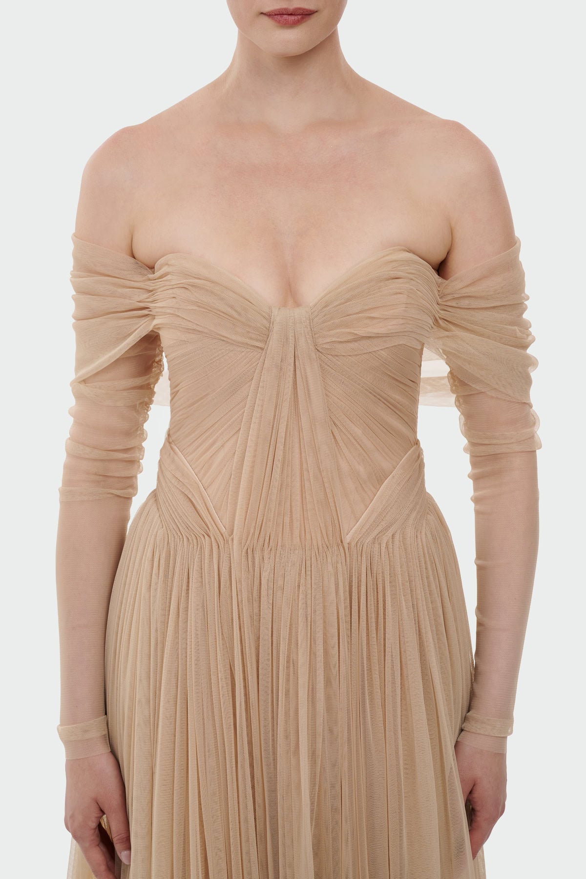 Transparent Tulle Sleeve Strapless Long Evening Dress