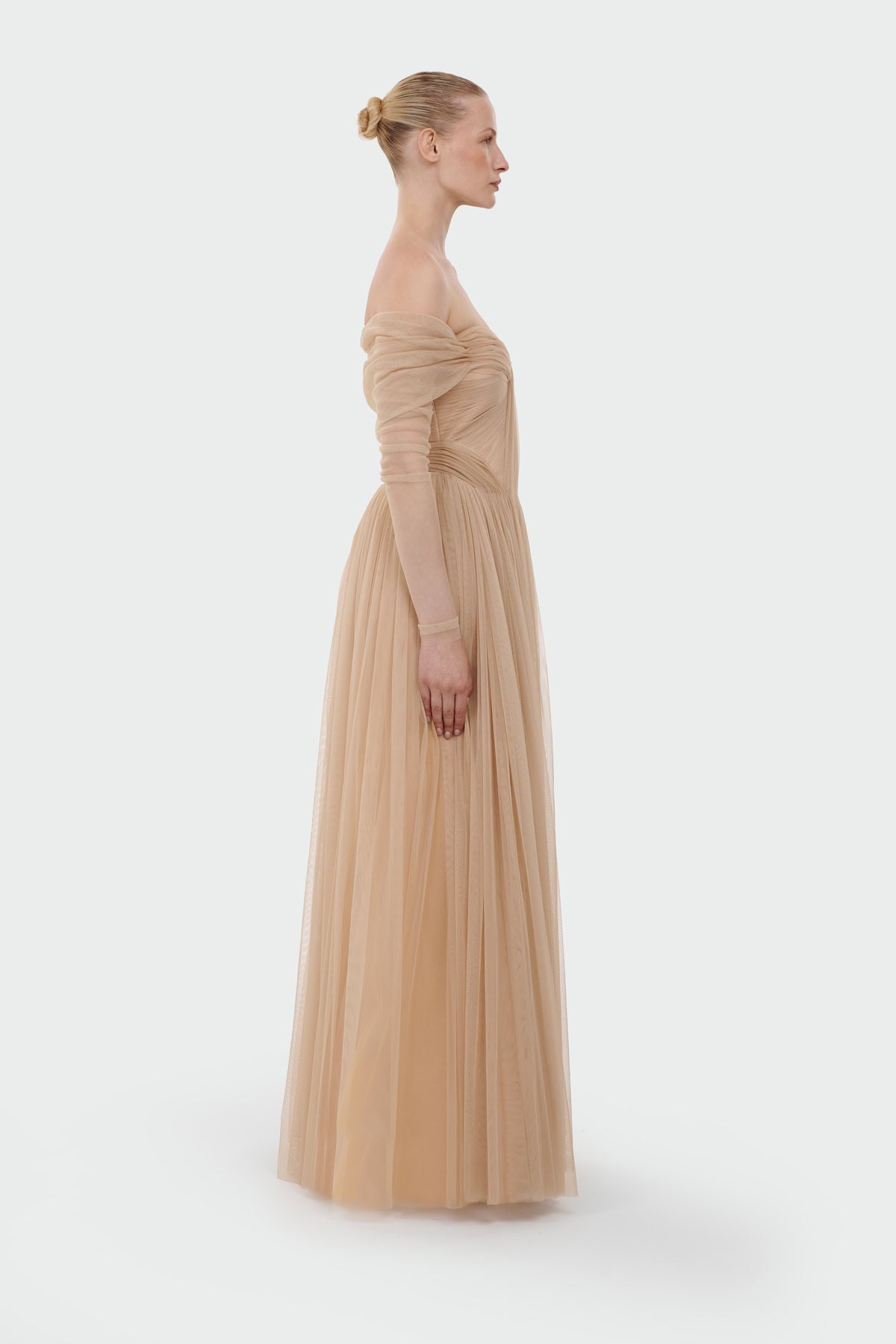 Transparent Tulle Sleeve Strapless Long Evening Dress