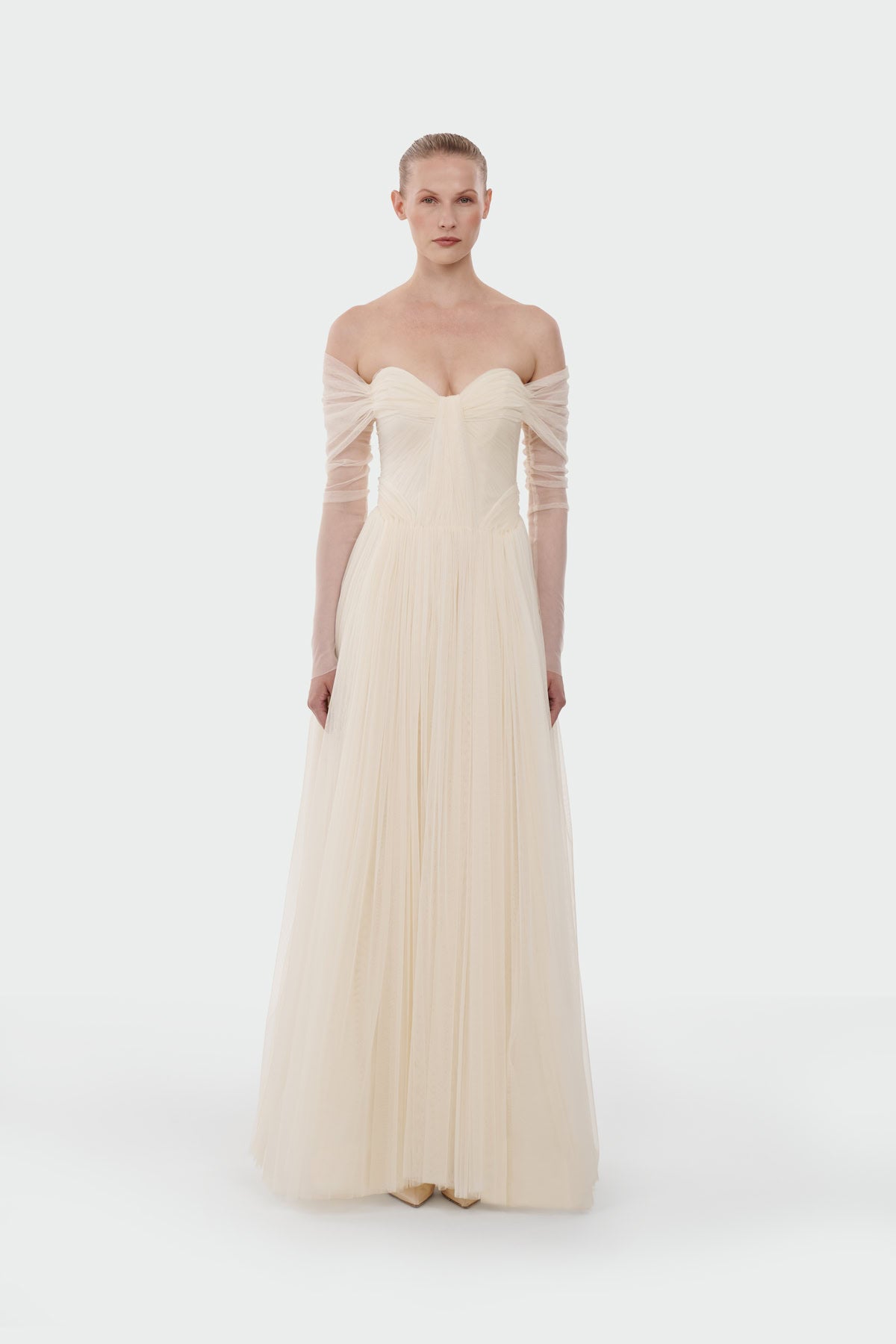 Transparent Tulle Sleeve Strapless Long Evening Dress