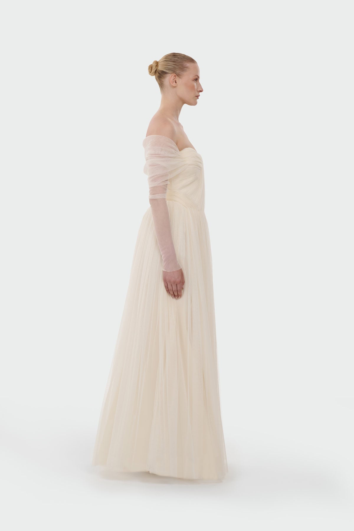 Transparent Tulle Sleeve Strapless Long Evening Dress