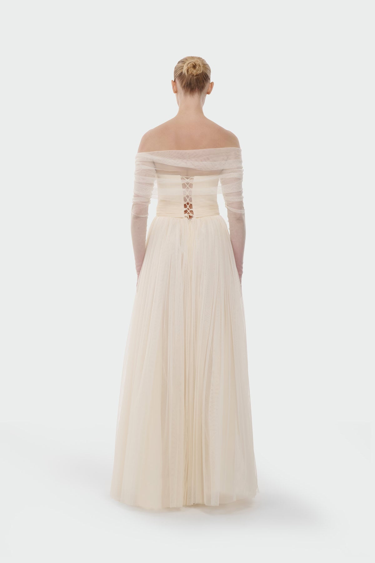 Transparent Tulle Sleeve Strapless Long Evening Dress