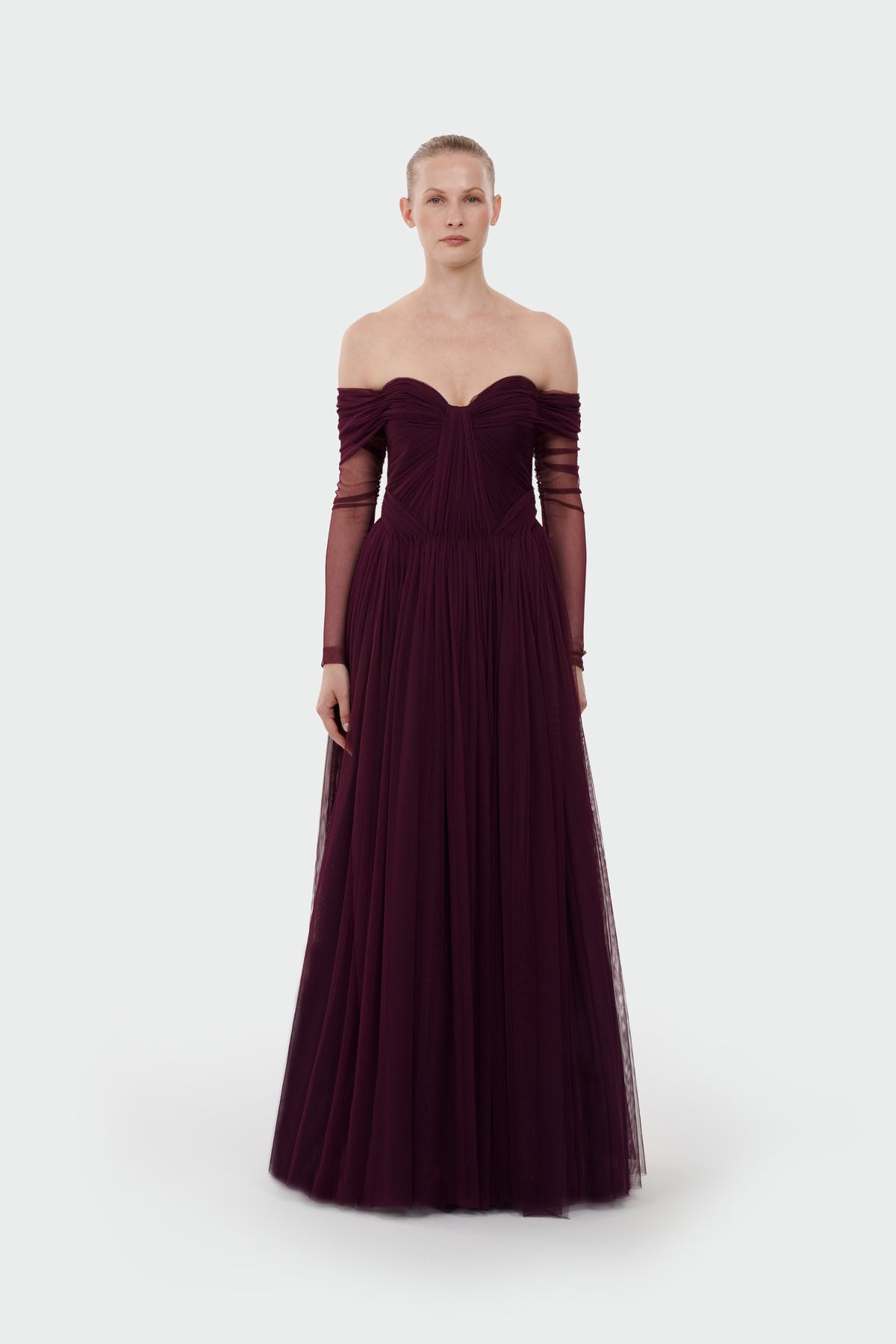 Transparent Tulle Sleeve Strapless Long Evening Dress
