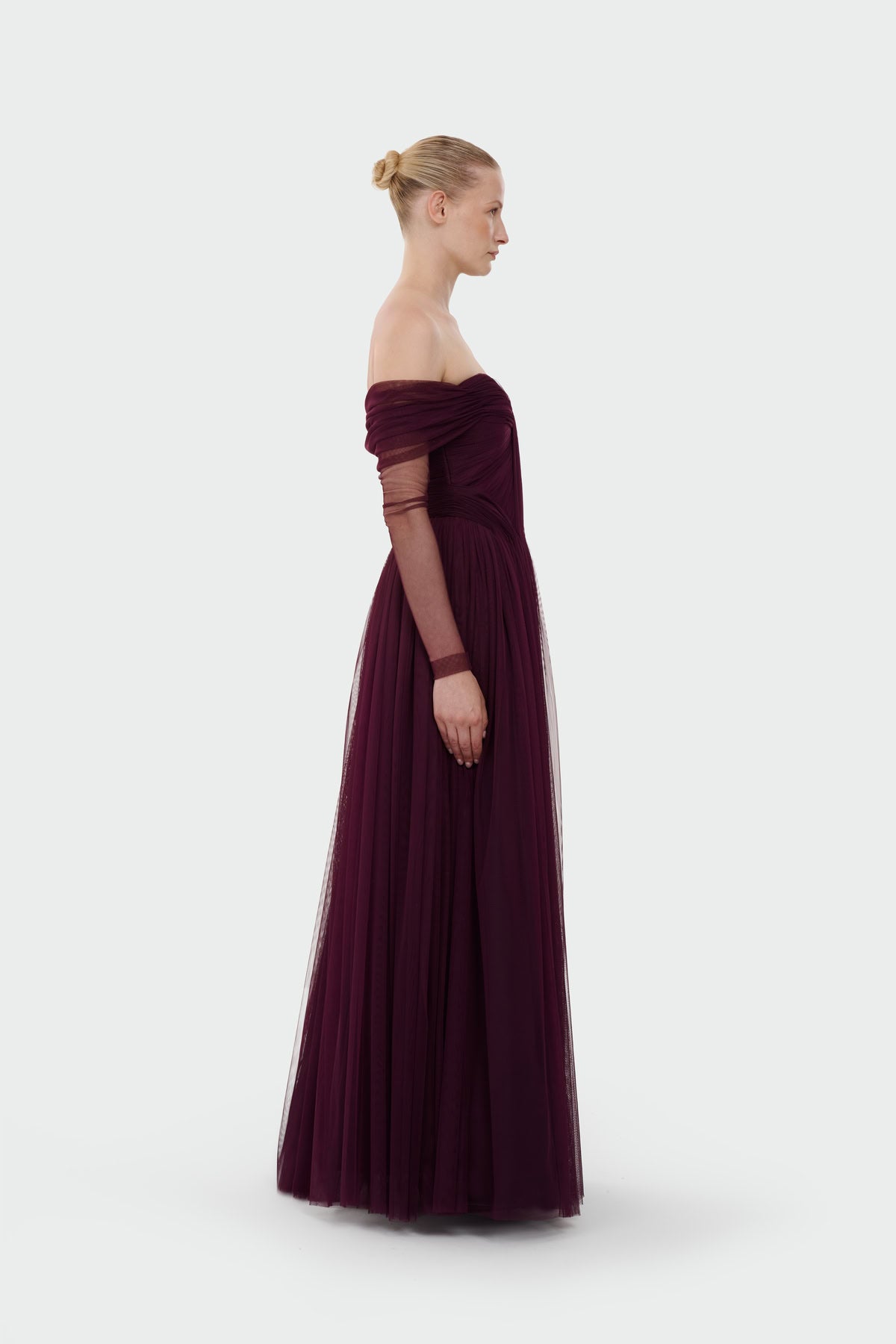 Transparent Tulle Sleeve Strapless Long Evening Dress