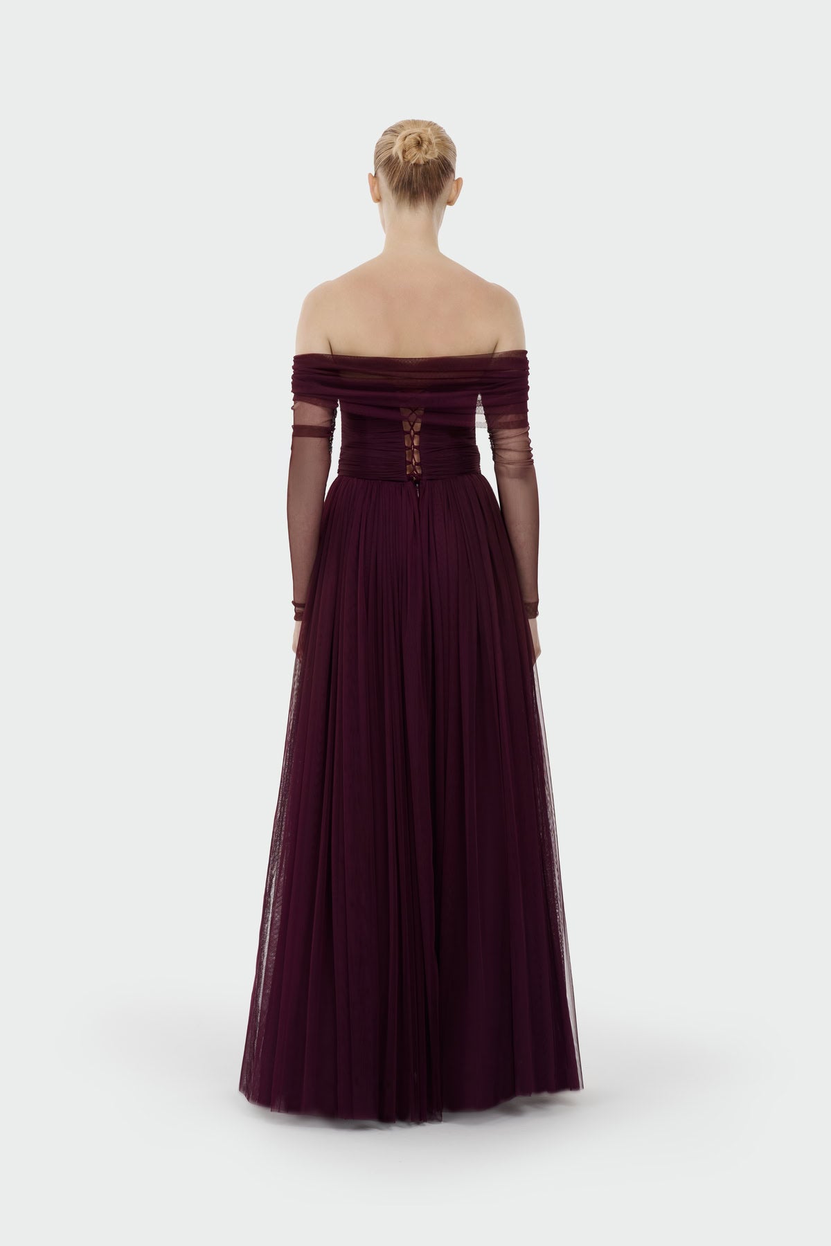 Transparent Tulle Sleeve Strapless Long Evening Dress