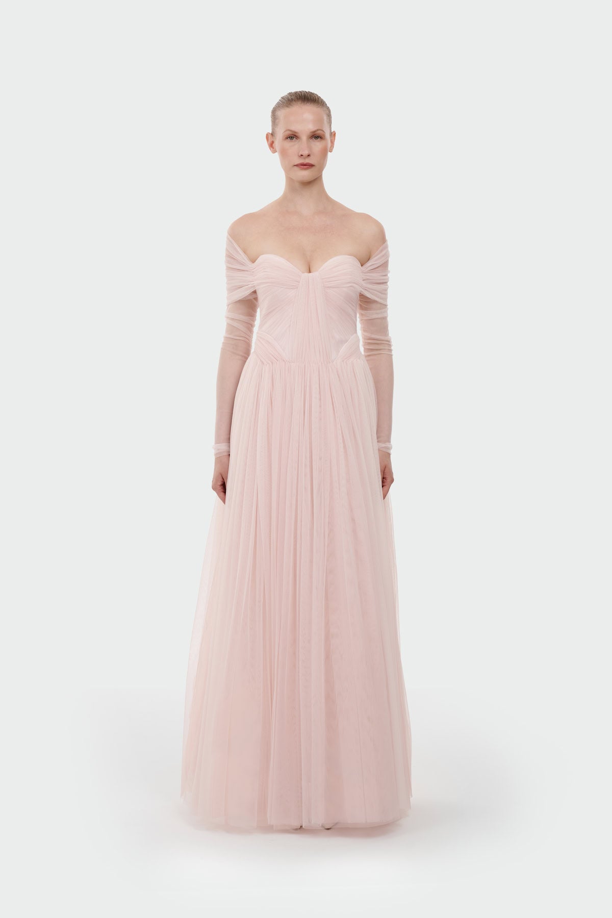 Transparent Tulle Sleeve Strapless Long Evening Dress