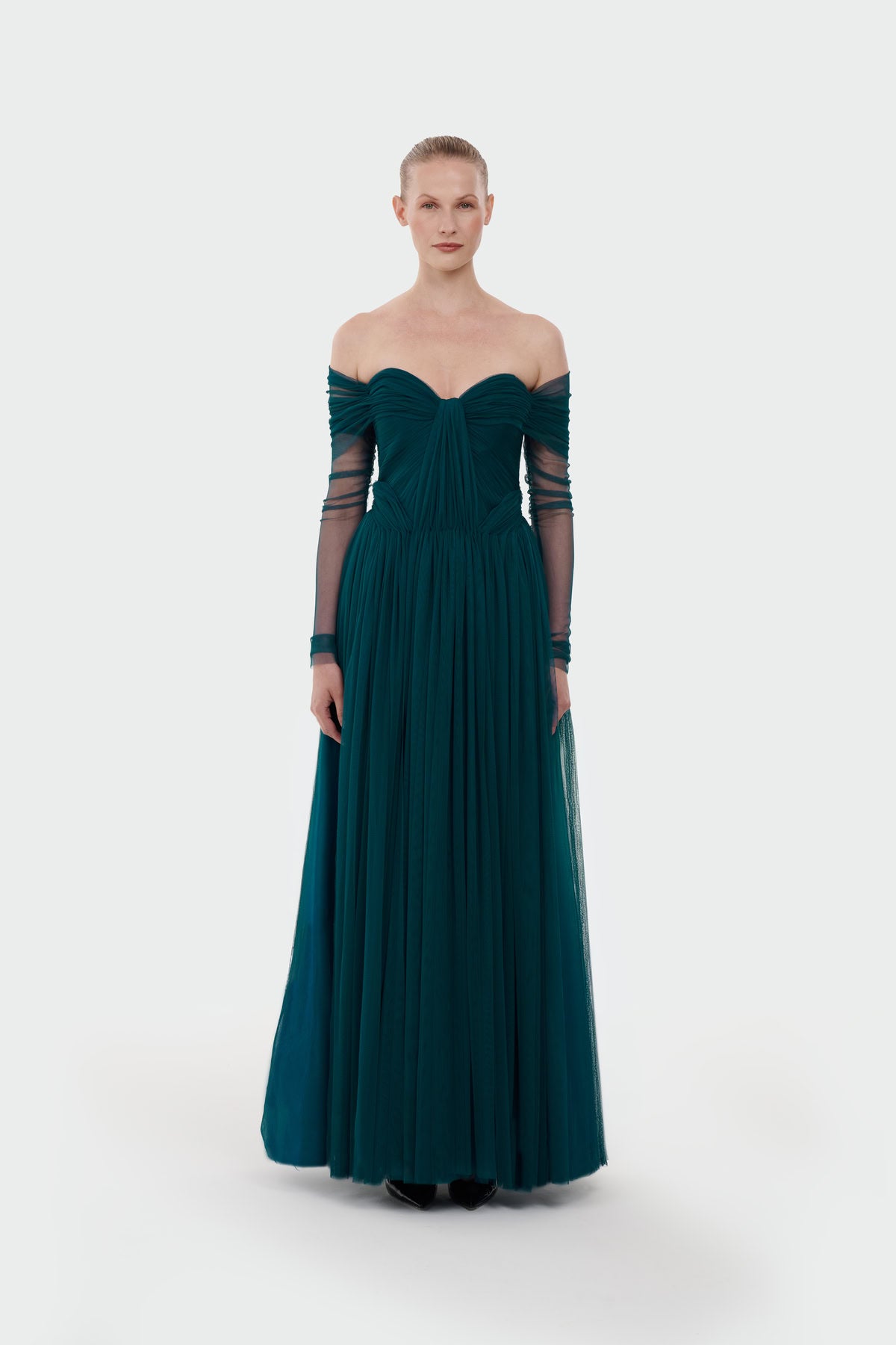 Transparent Tulle Sleeve Strapless Long Evening Dress
