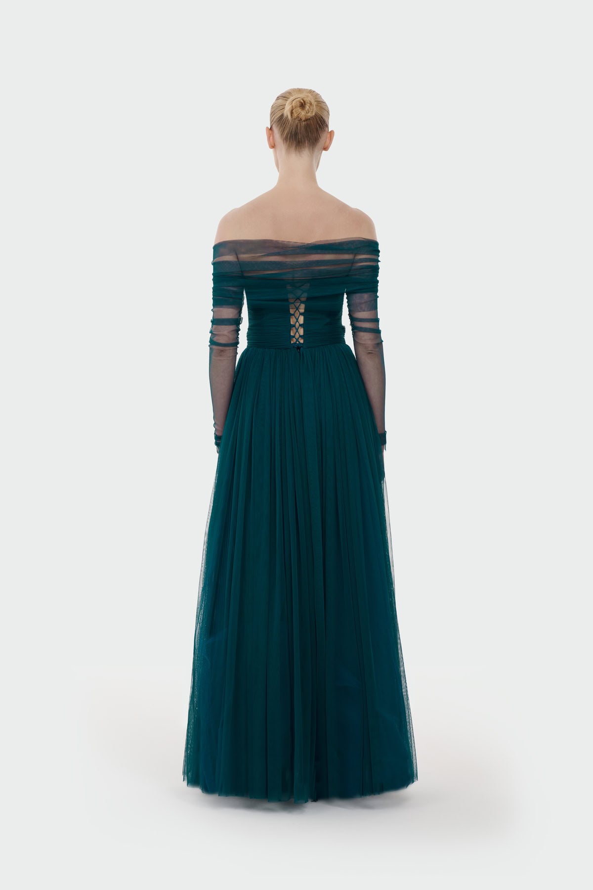 Transparent Tulle Sleeve Strapless Long Evening Dress